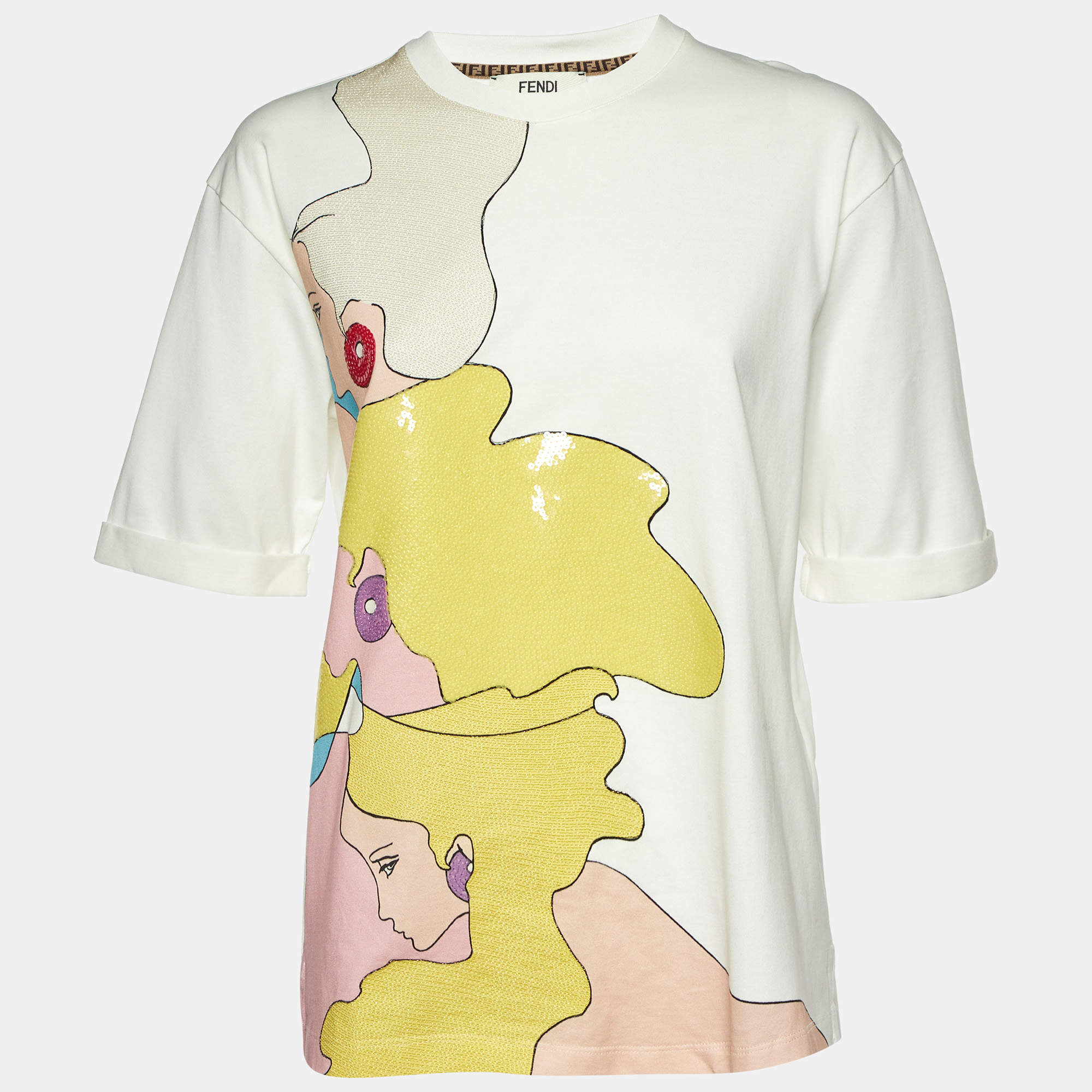 Fendi White Cotton Graphic Beads Embellished T-Shirt S