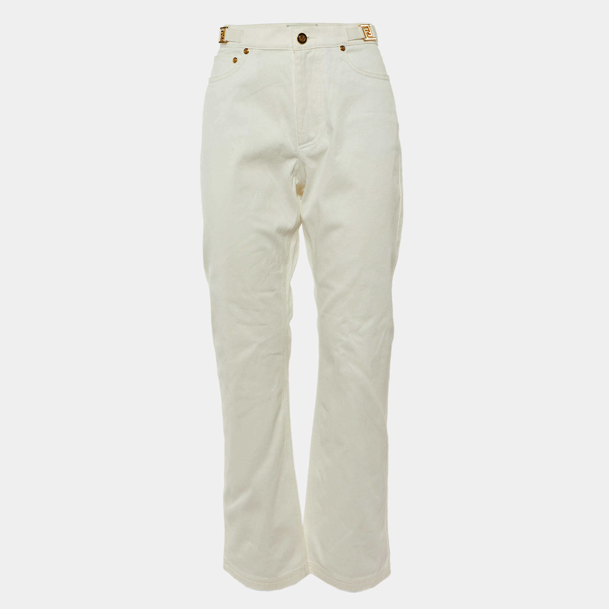 مملوكة مسبقًا Fendi White Denim FF Detail Straight Fit Jeans M/Waist 30"