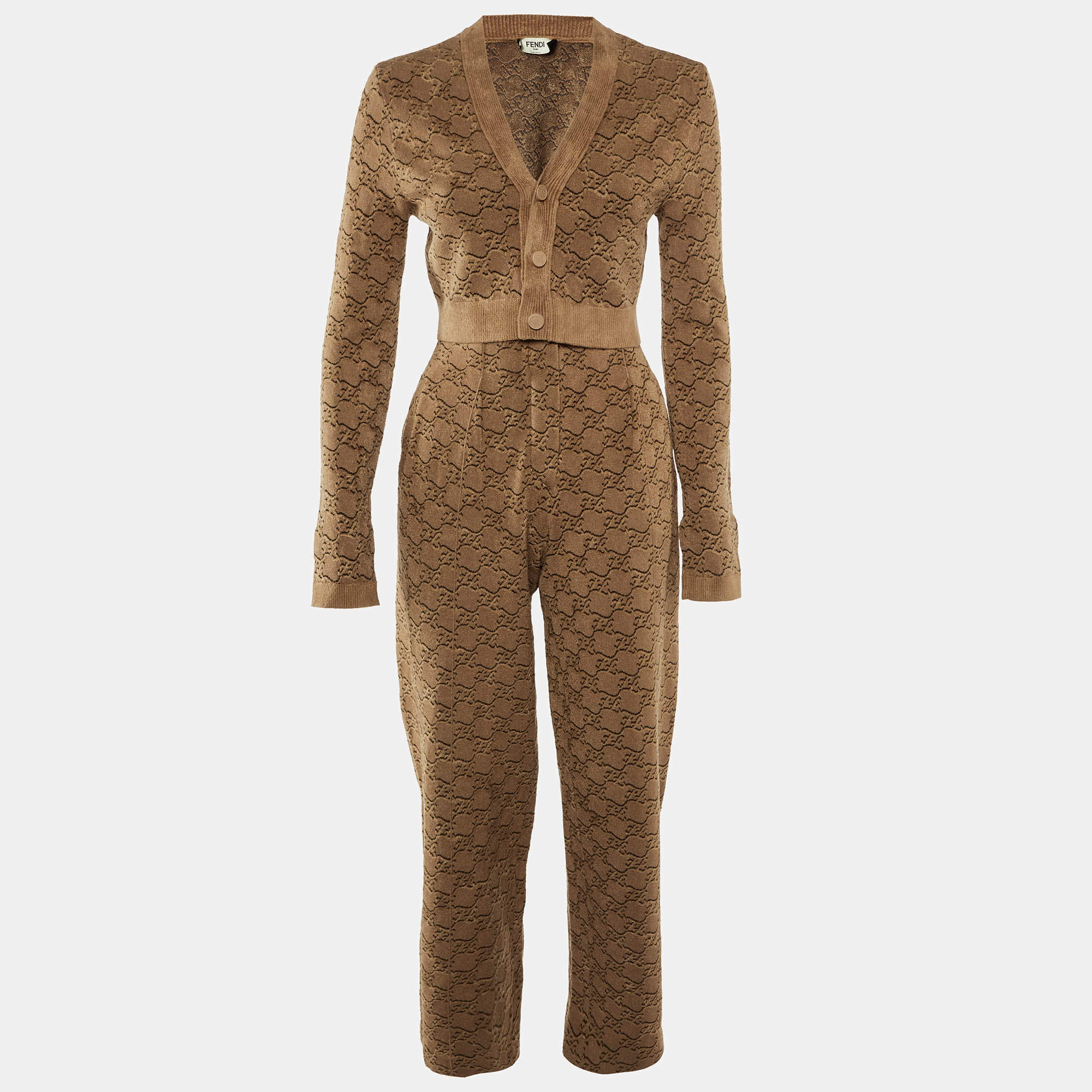 Fendi Brown Jacquard Knit Cardigan and Trousers Set M/S
