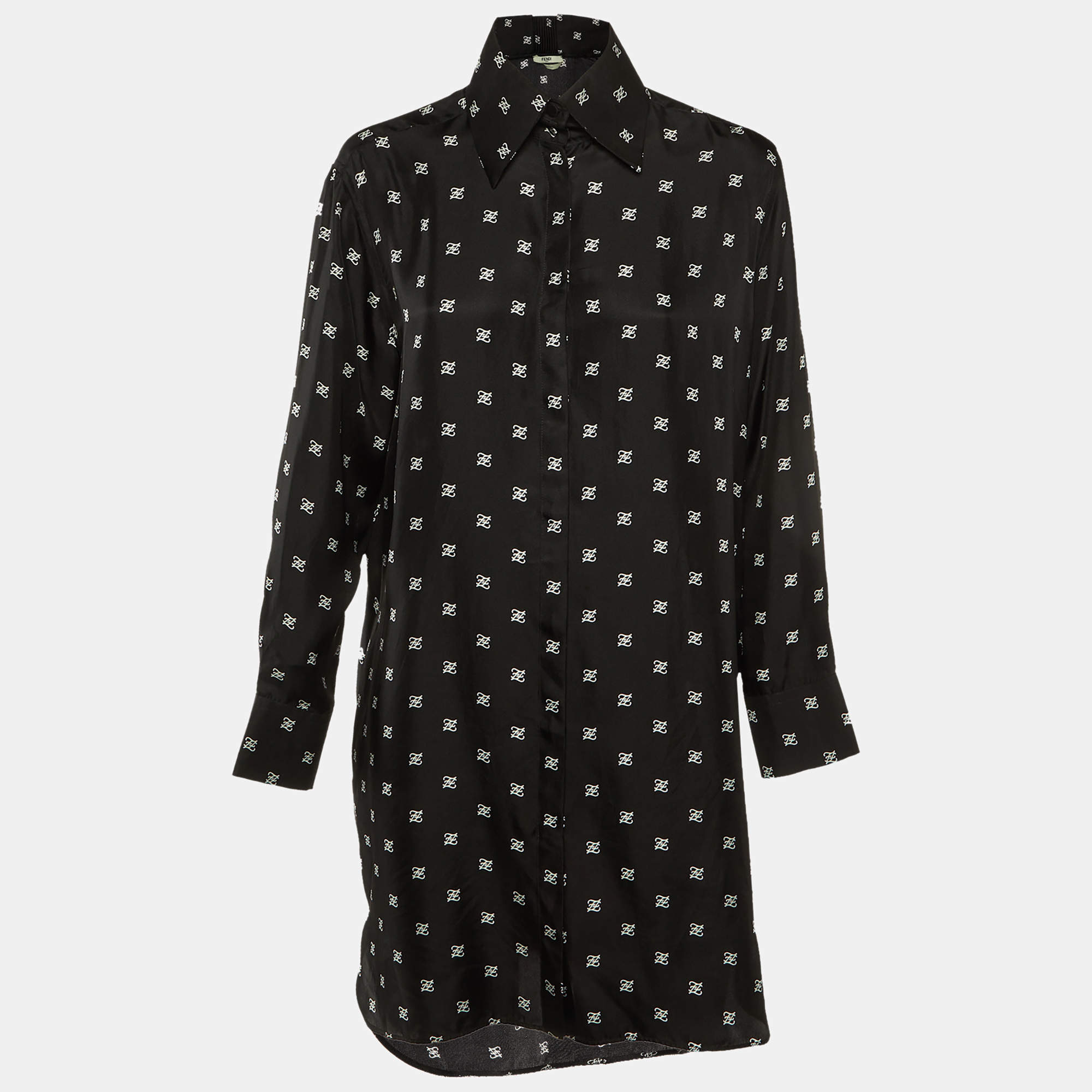 Pre Owned Fendi Black Logo Printed Silk Midi Dress M