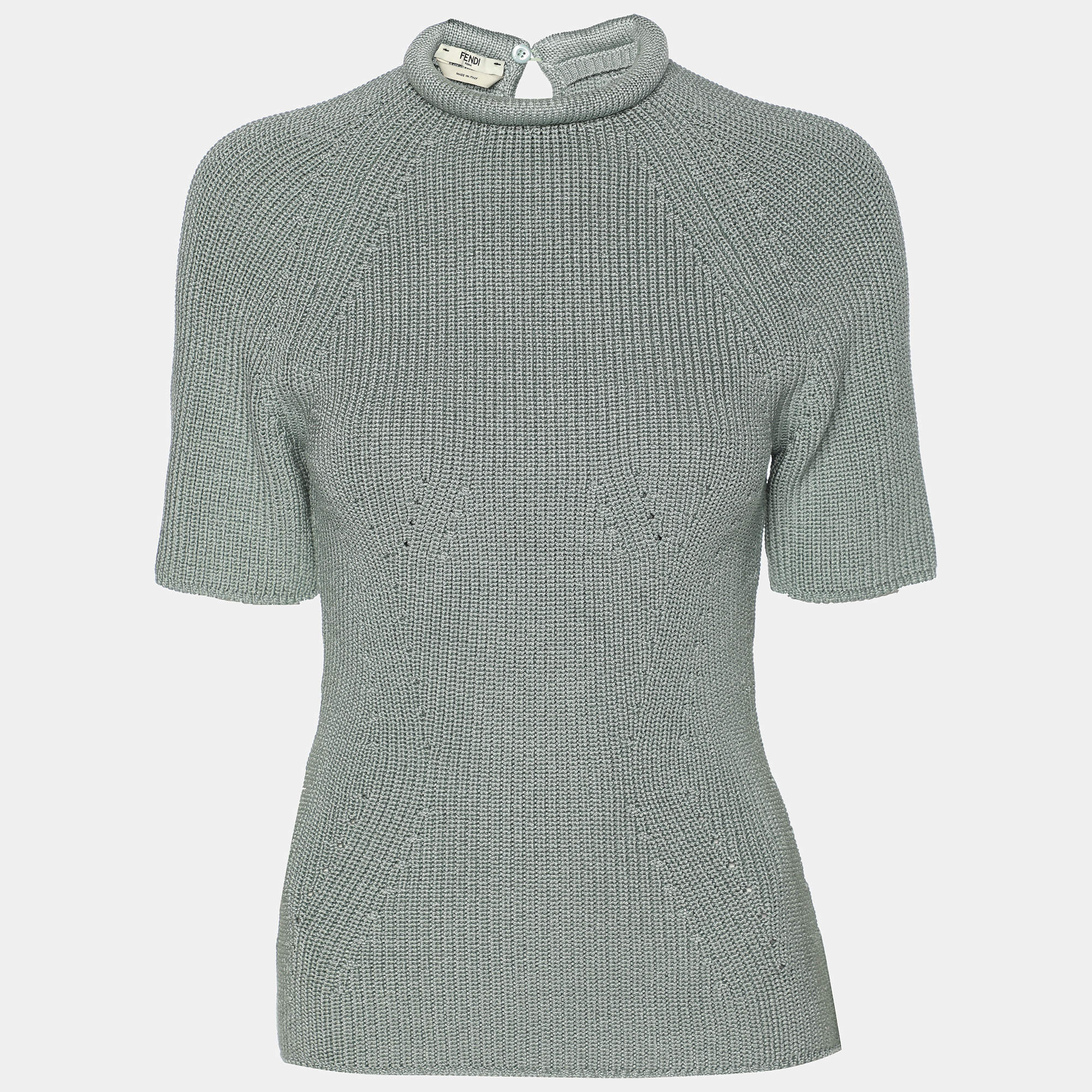 Pre Owned Fendi Mint Blue Knit High Neck Half Sleeve T-Shirt M