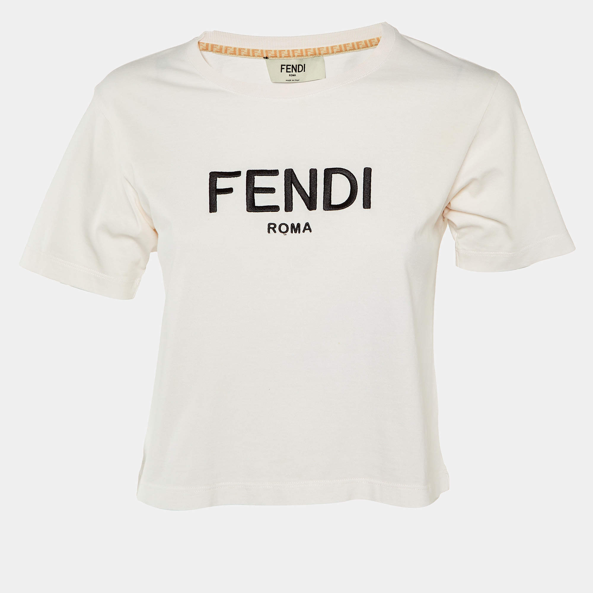 Pre Owned Fendi Pink Logo Embroidered Jersey Crop T-Shirt S