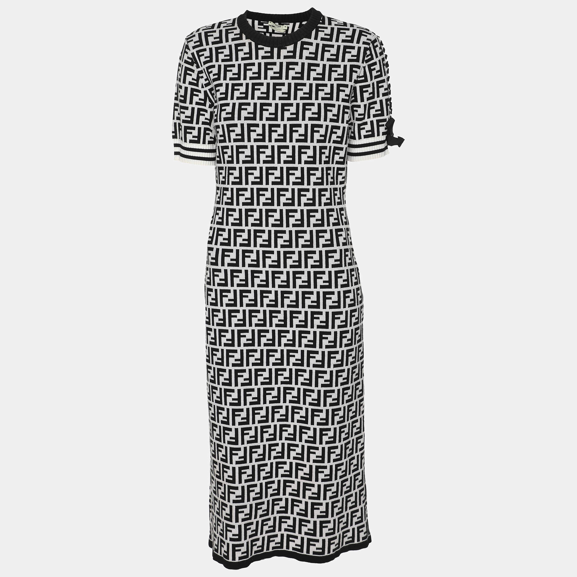 Pre Owned Fendi Black/White Zucca Jacquard Knit Bodycon Midi Dress M