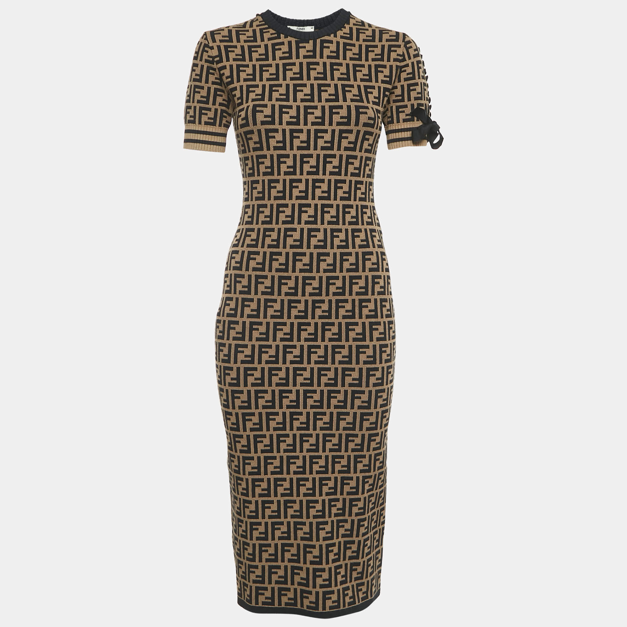 Pre Owned Fendi Brown/Black Zucca Jacquard Knit Bodycon Midi Dress S