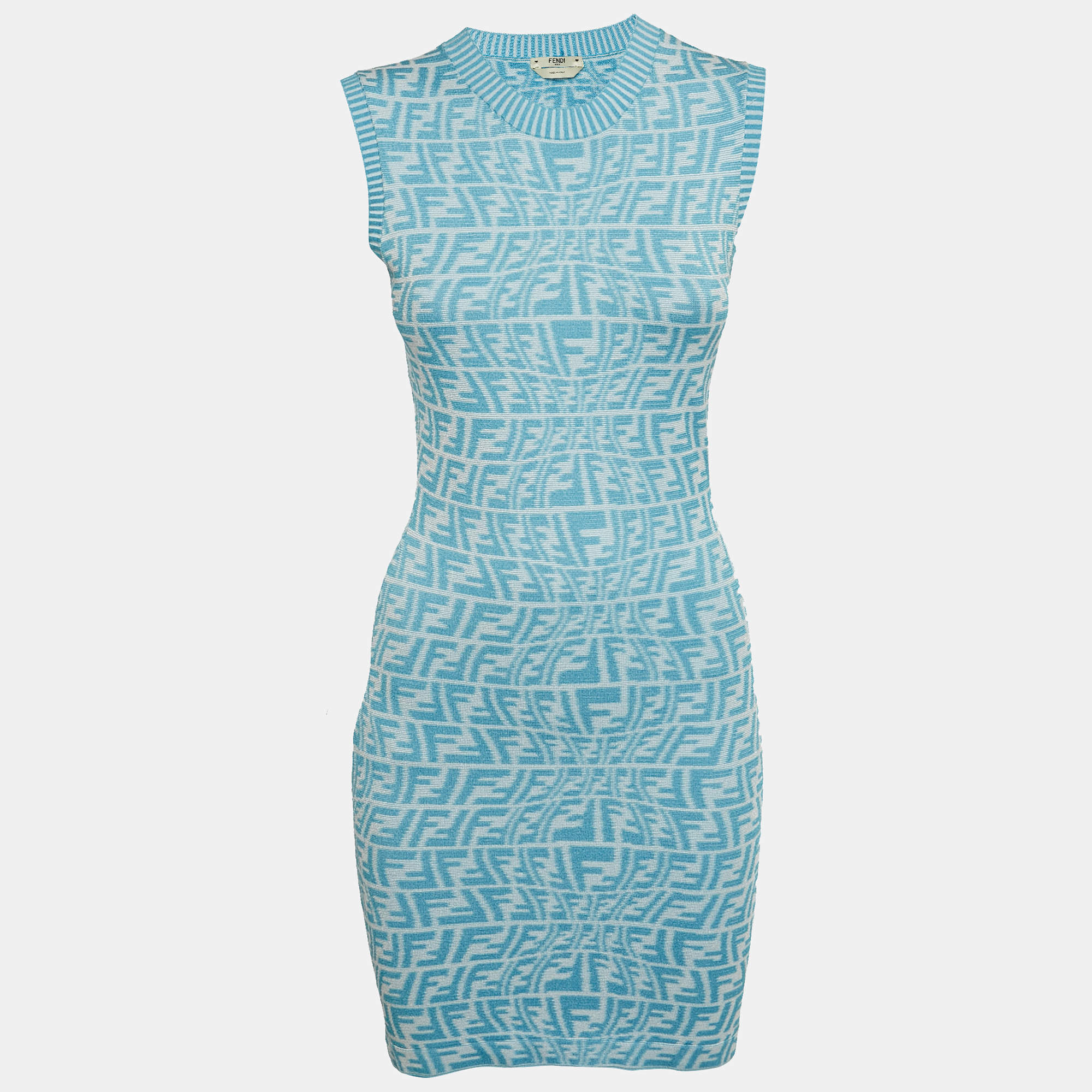 Pre Owned Fendi Blue/White Zucca Jacquard Knit Bodycon Midi Dress S