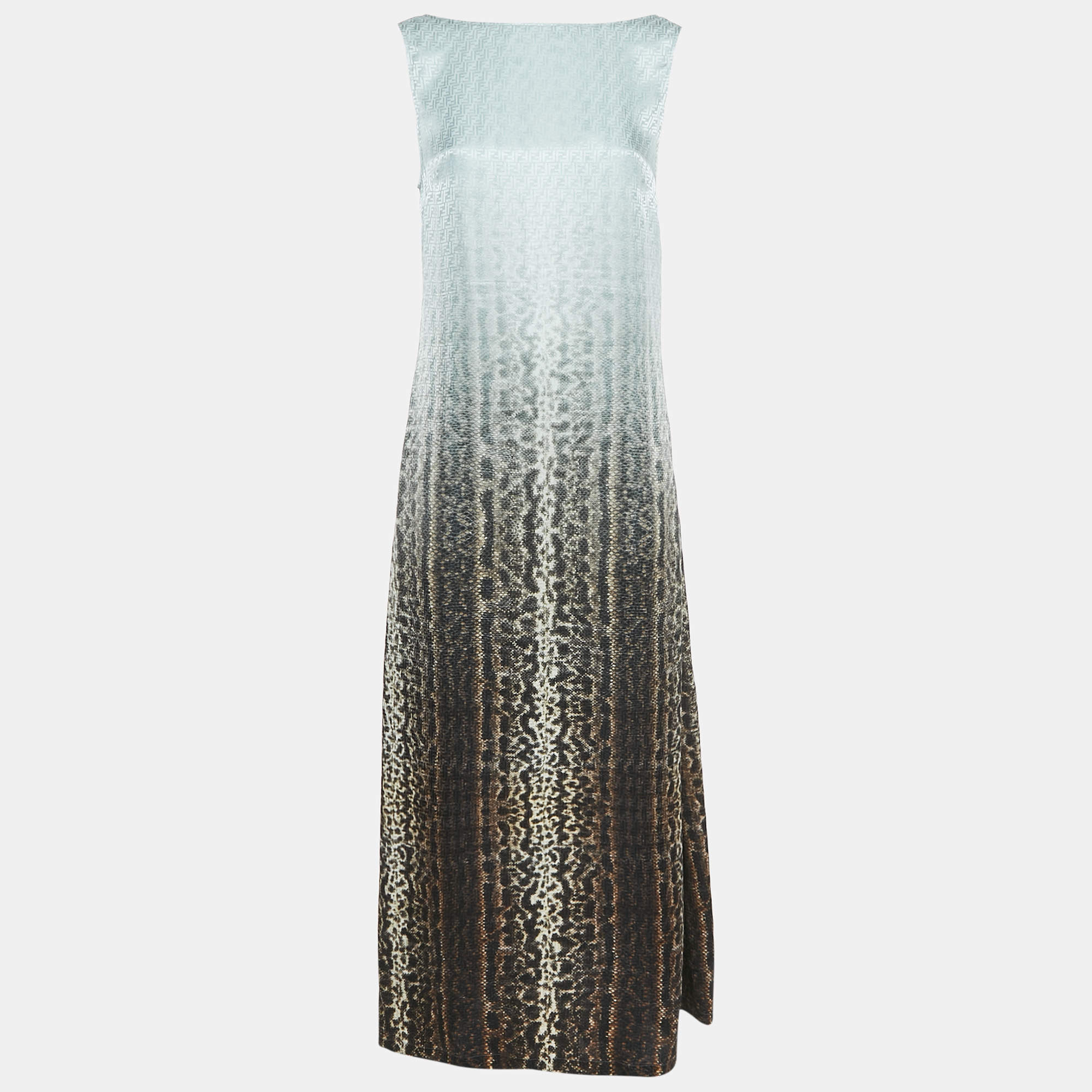 Fendi Blue Gradient Print Silk Chain Detail Sleeveless Aruf Maxi Dress S