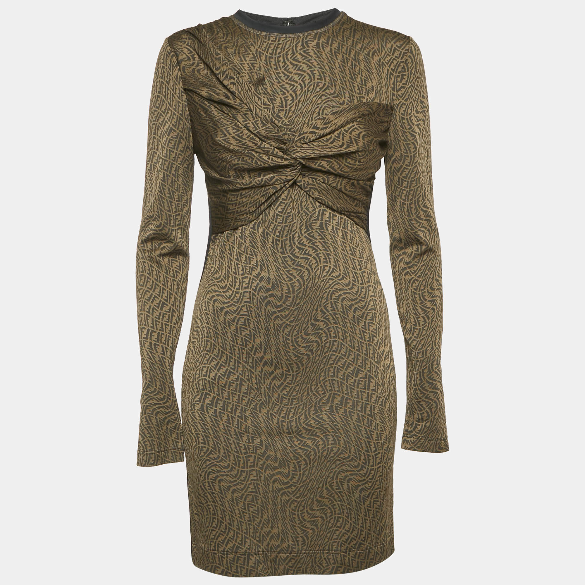 Fendi x Sarah Coleman Brown FF Vertigo Jersey Twist Detail Mini Dress M