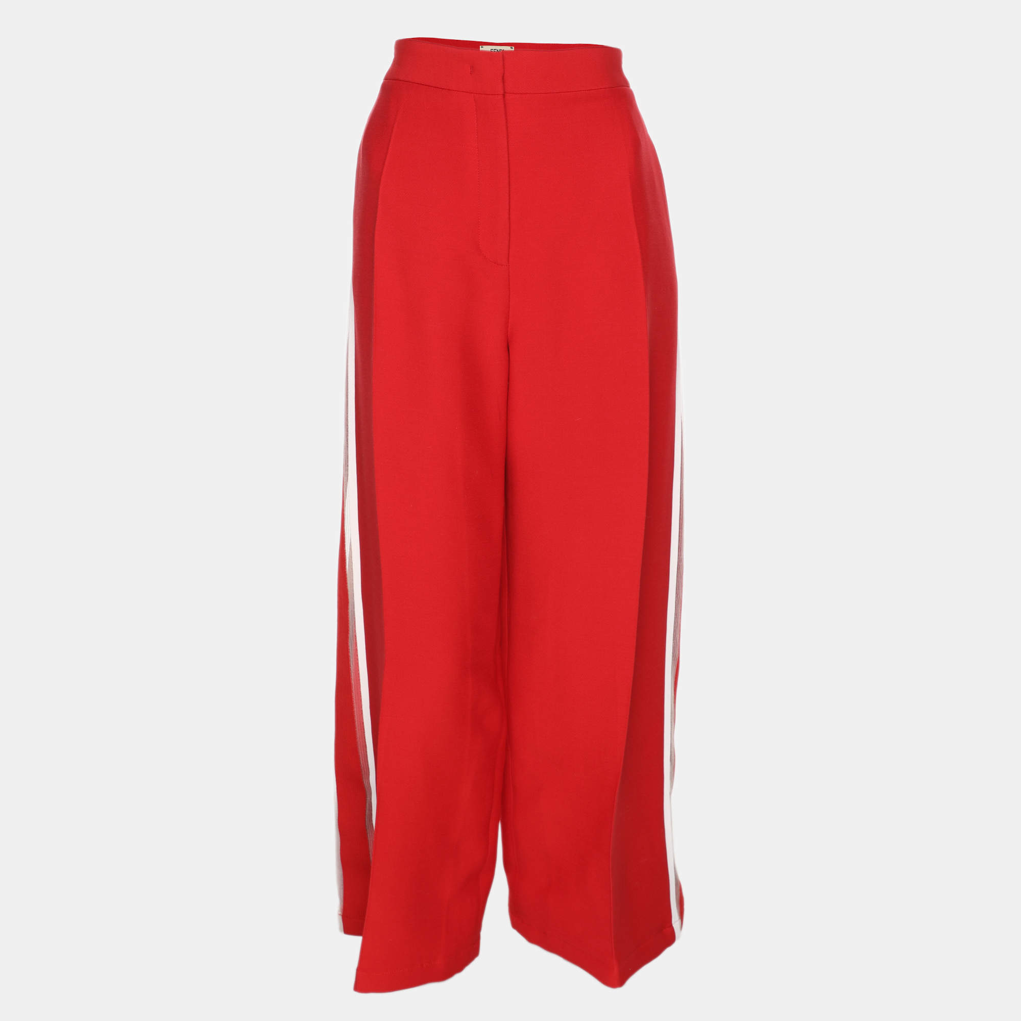 Pre Owned Fendi Red Cady Wide Leg Trousers M