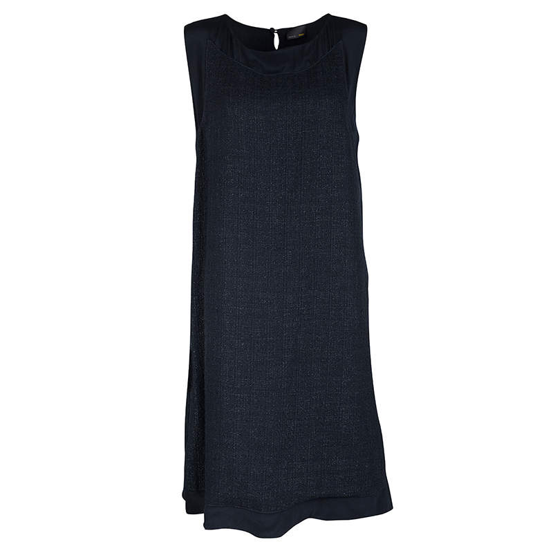 Fendi Navy Blue Silk Textured Panel Detail Sleeveless Shift Dress L