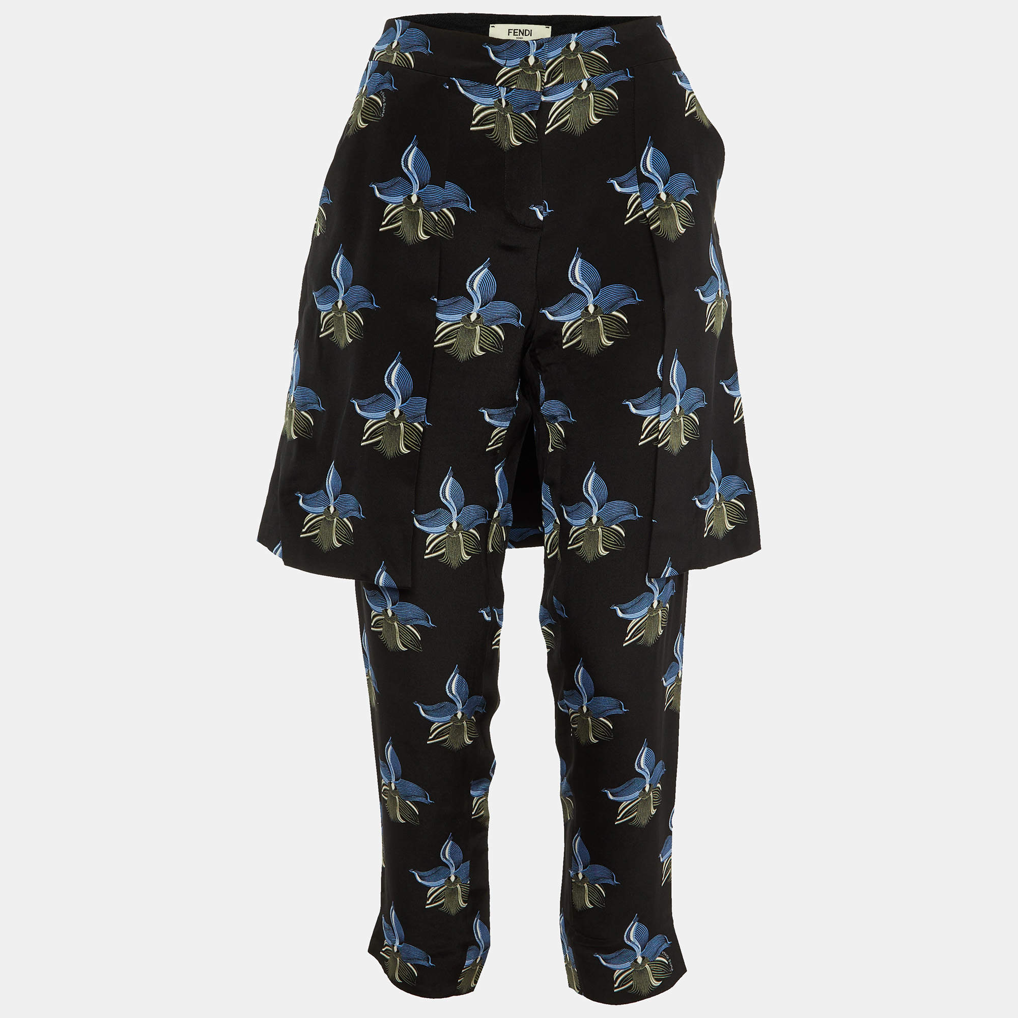 Fendi Black Floral Print Silk Overlay Trousers S