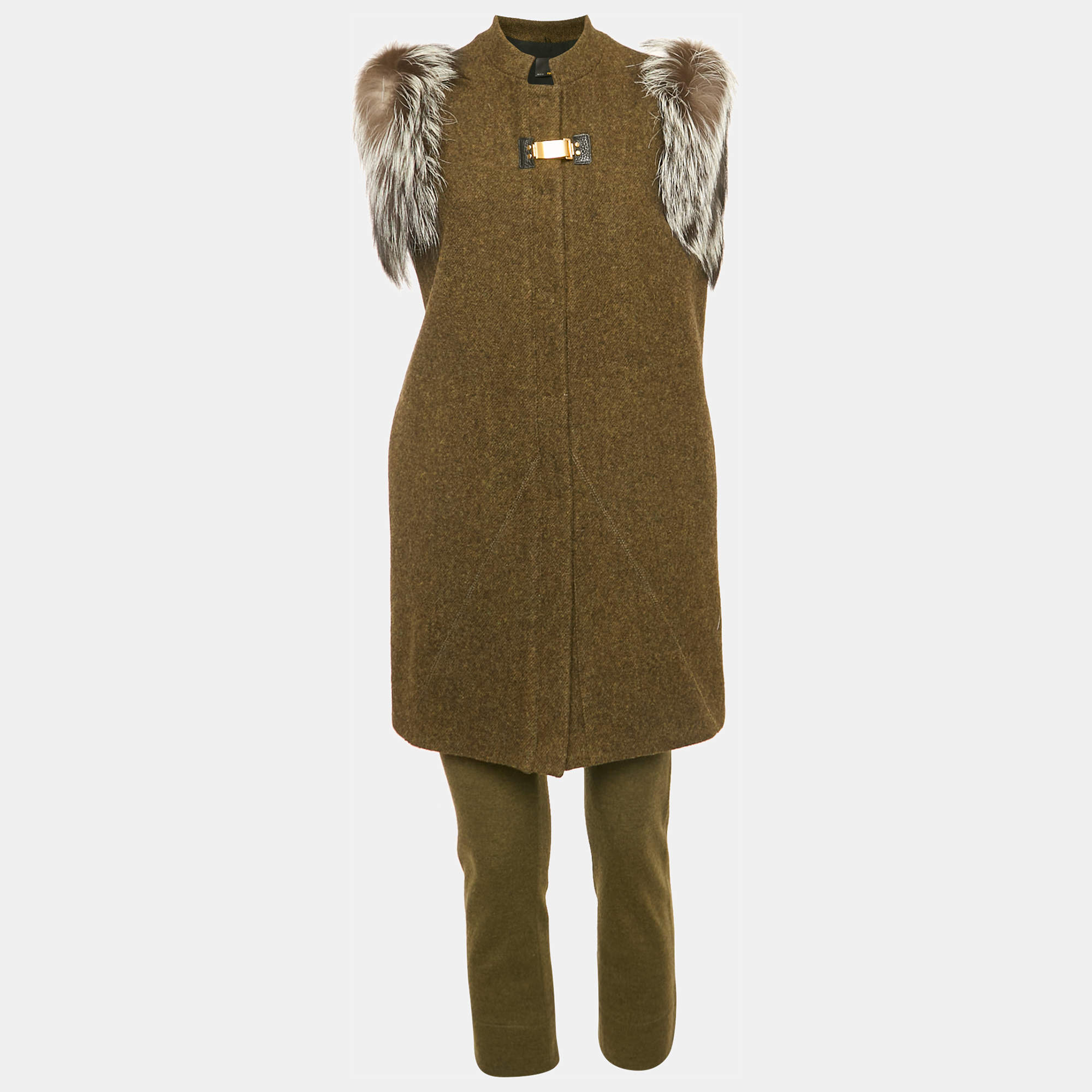 Fendi Green Wool and Fur Trim Jacket and Leggings Set M/S