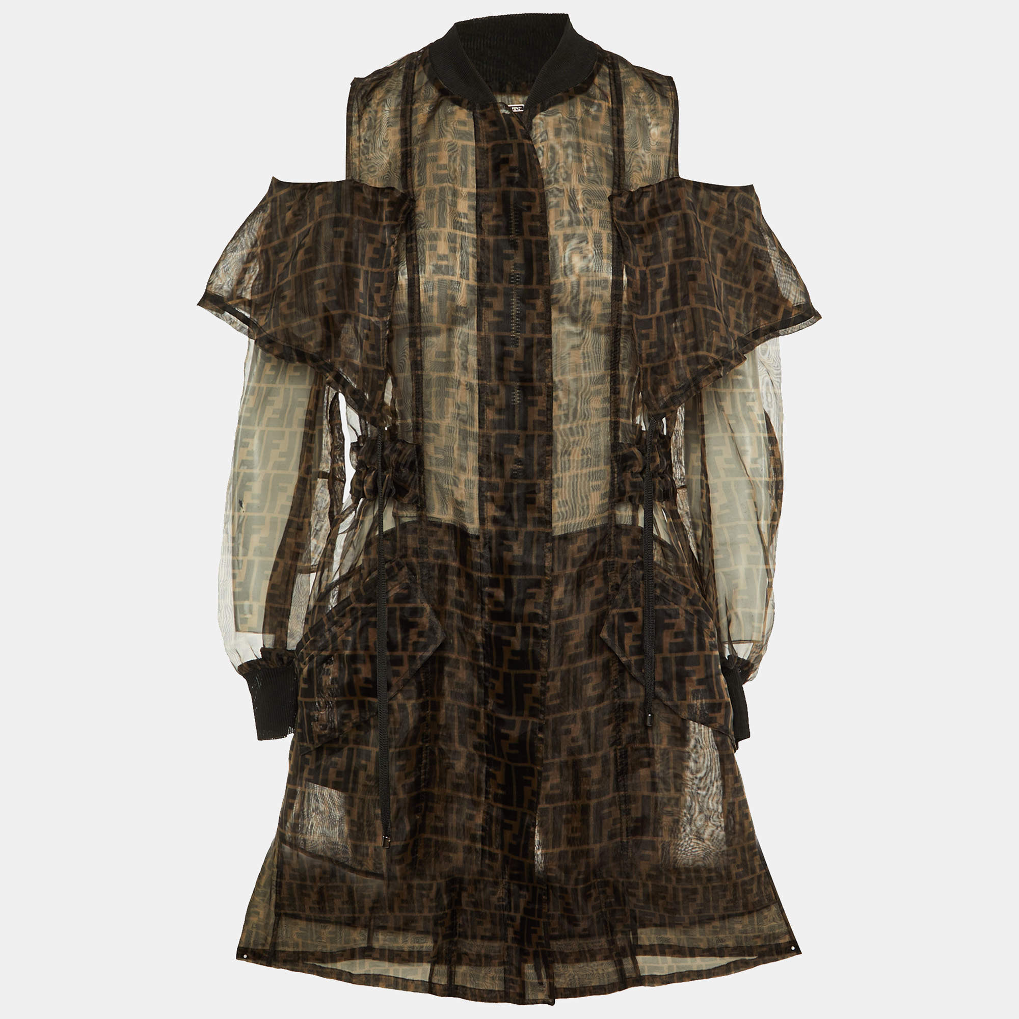 Fendi Brown Zucca Monogram Organza Sheer Cold Shoulder Coat S