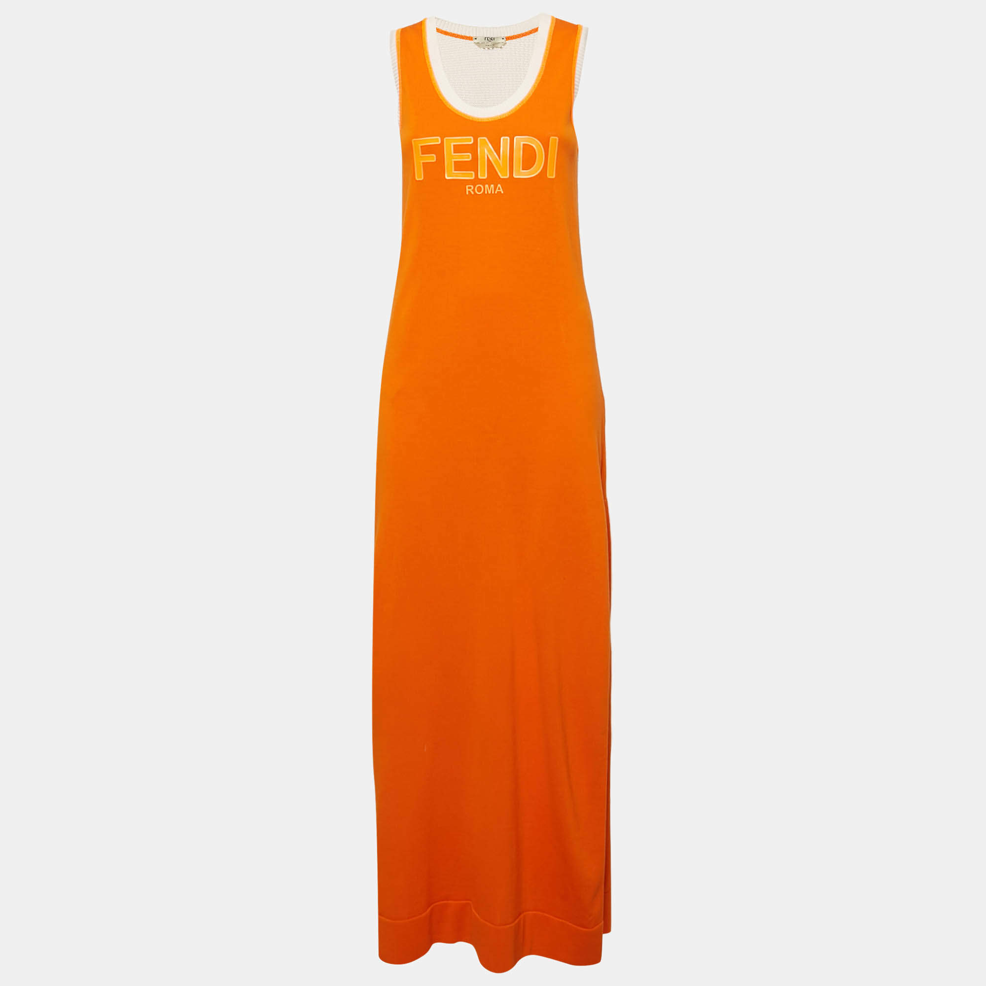 Fendi Orange Logo Print Knit Mesh Panel Detail Sleeveless Long Dress S