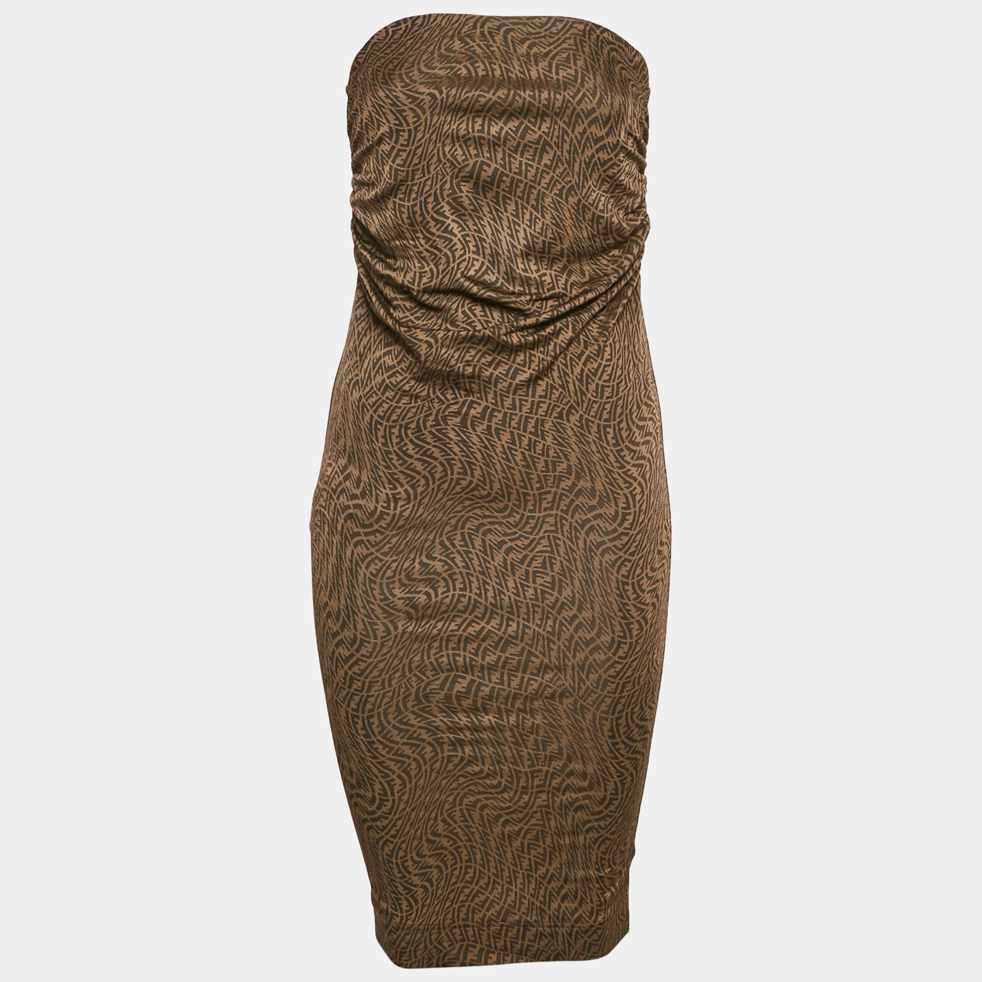 Fendi Brown Monogram Jacquard Knit Ruched Midi Dress S