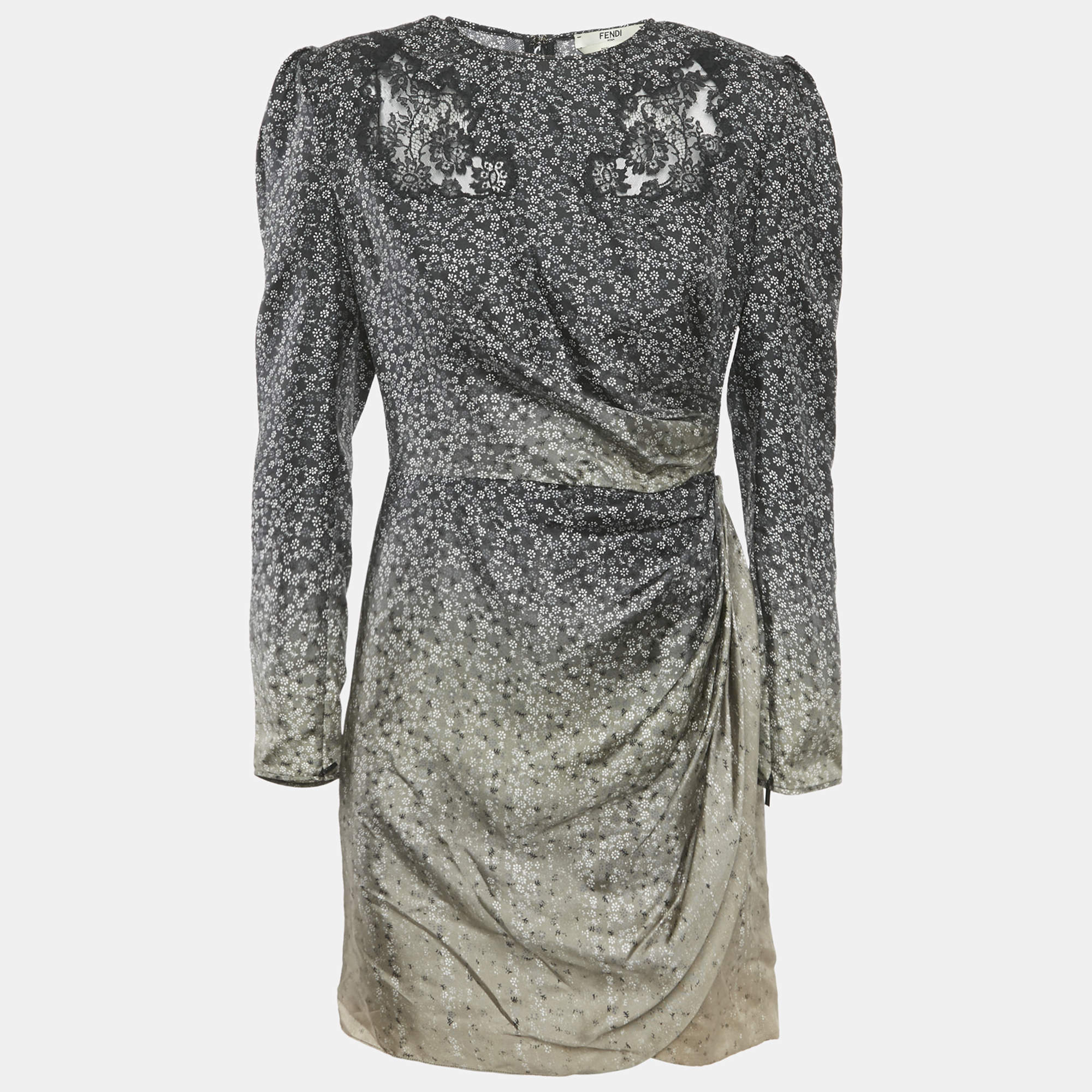 Fendi Black Floral Print Fading Silk Lace Trim Mini Dress S