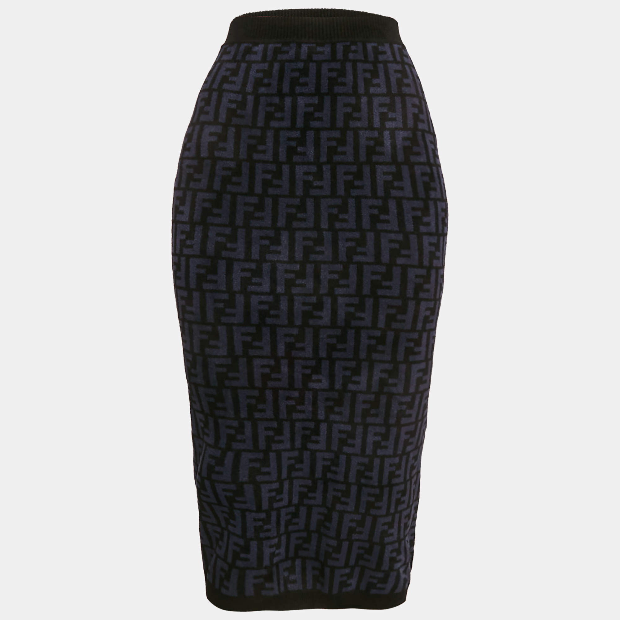 Fendi Navy Blue Zucca Stretch Velvet Pencil Skirt S