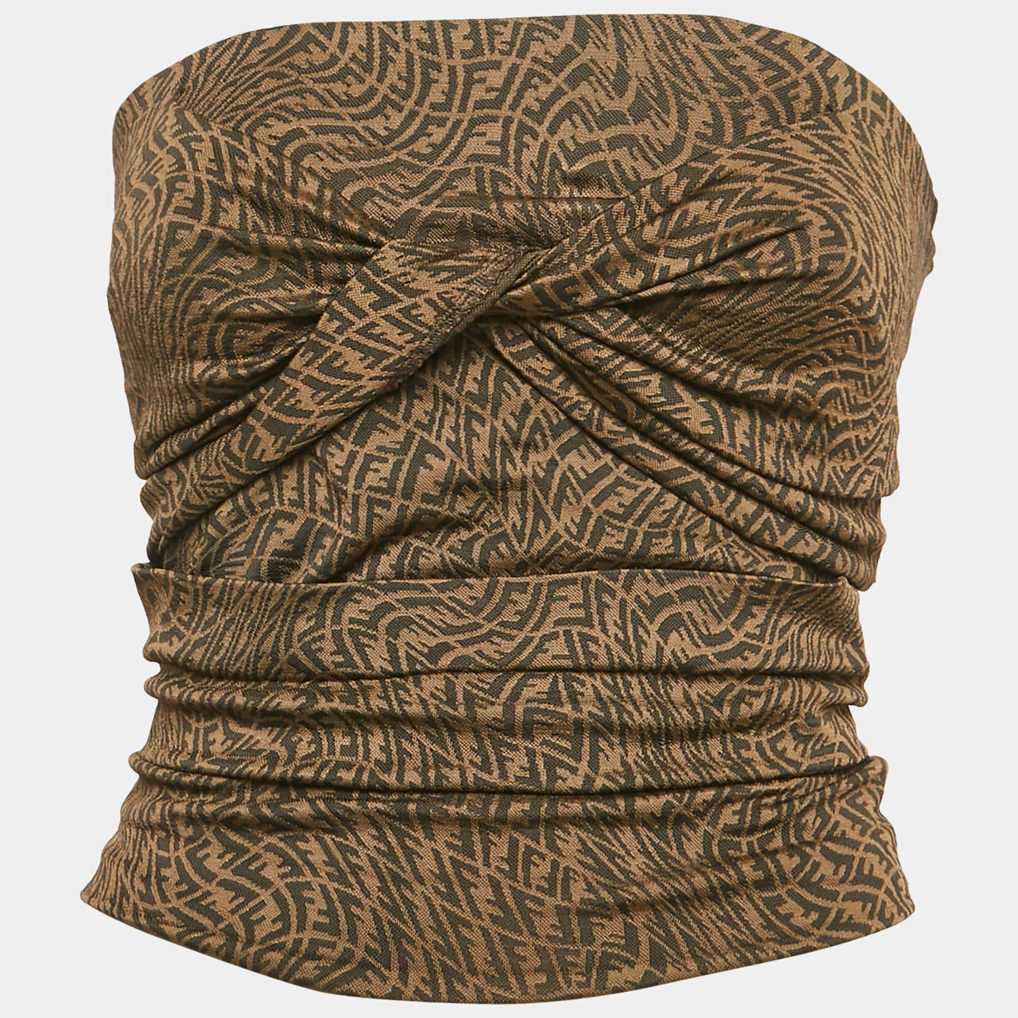 Fendi Brown FF Zucca Monogram Jacquard Knit Strapless Crop Top S