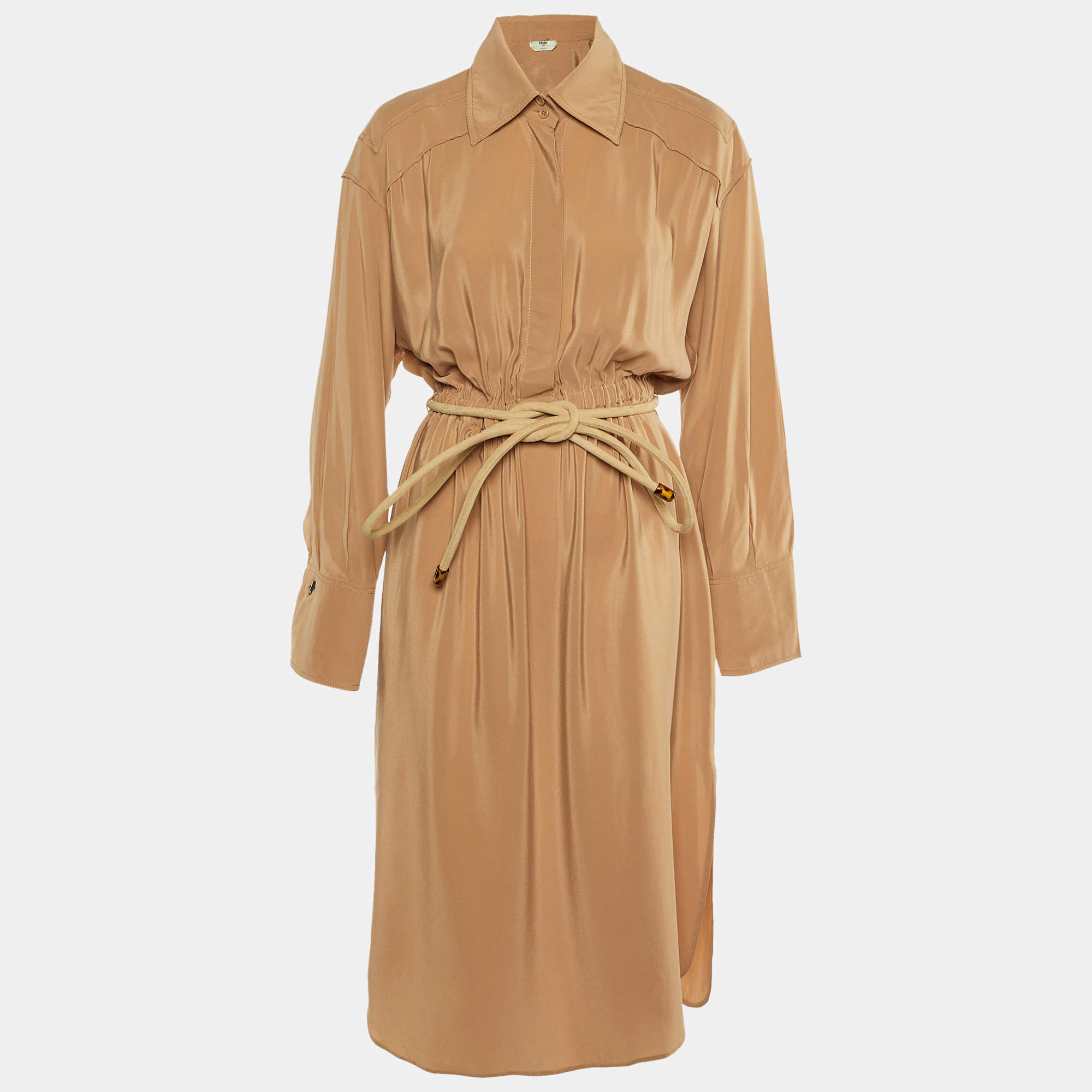 Fendi Beige Silk Crepe Belted Shirt Dress M