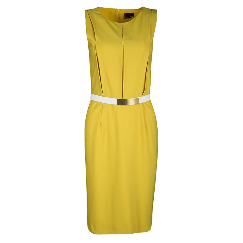 Pre Owned Fendi Yellow Wool Stitch Detail Sleeveless Belted Dress S