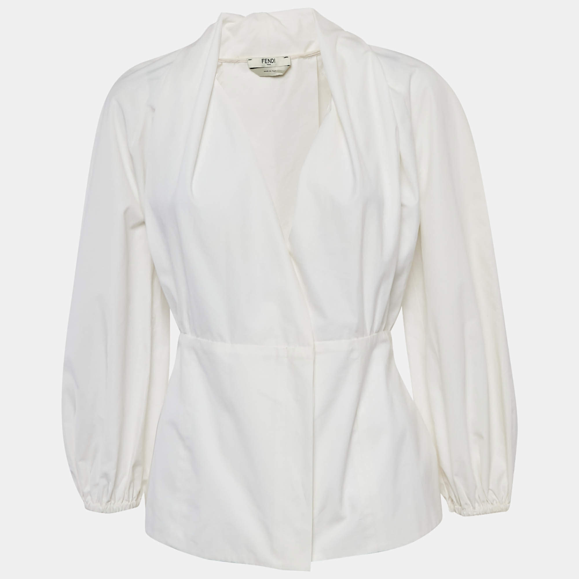 Pre Owned Fendi White Cotton Gathered Wrap Blouse S