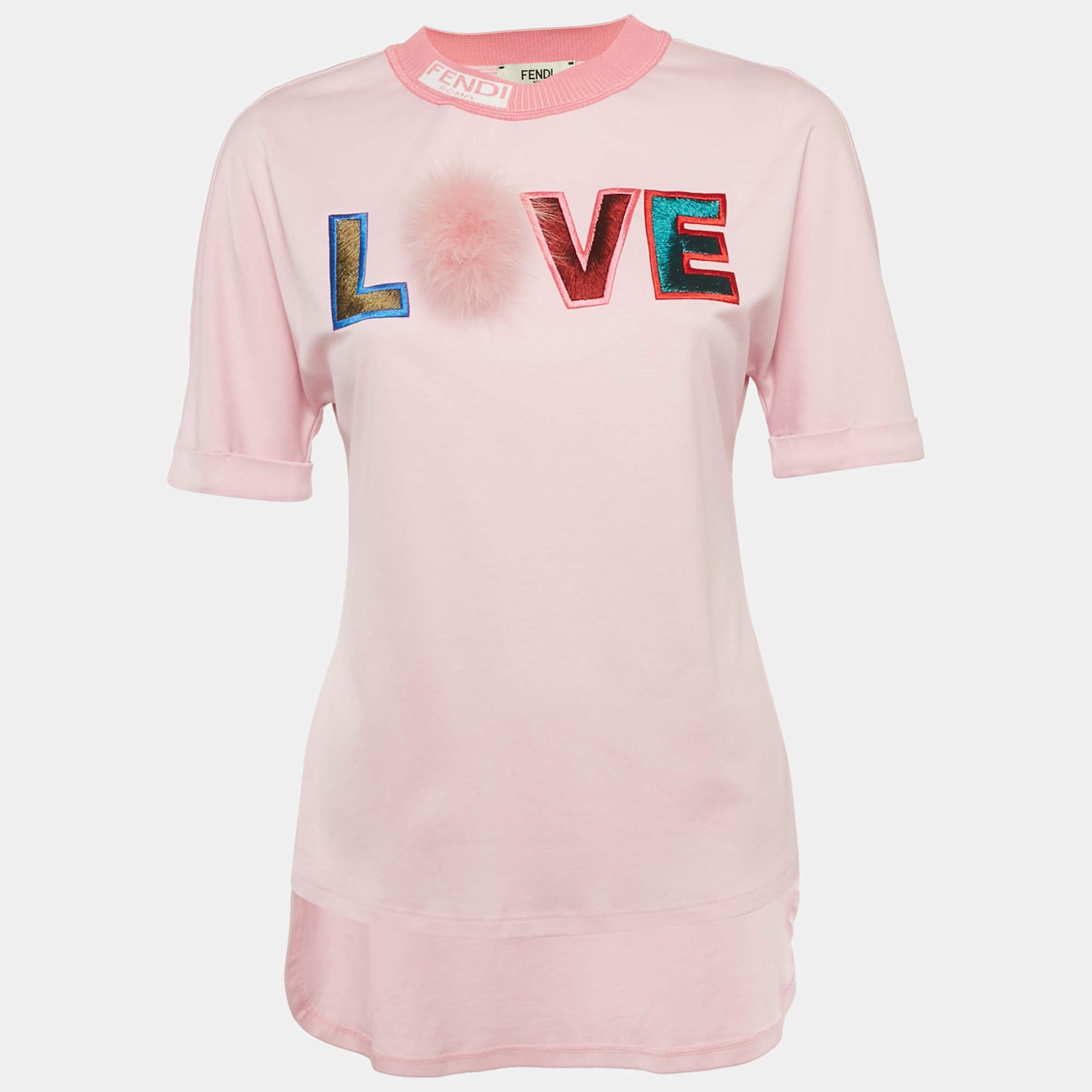 Pre Owned Fendi Special Edition Pink Fox Fur Trim Jersey T-Shirt XS