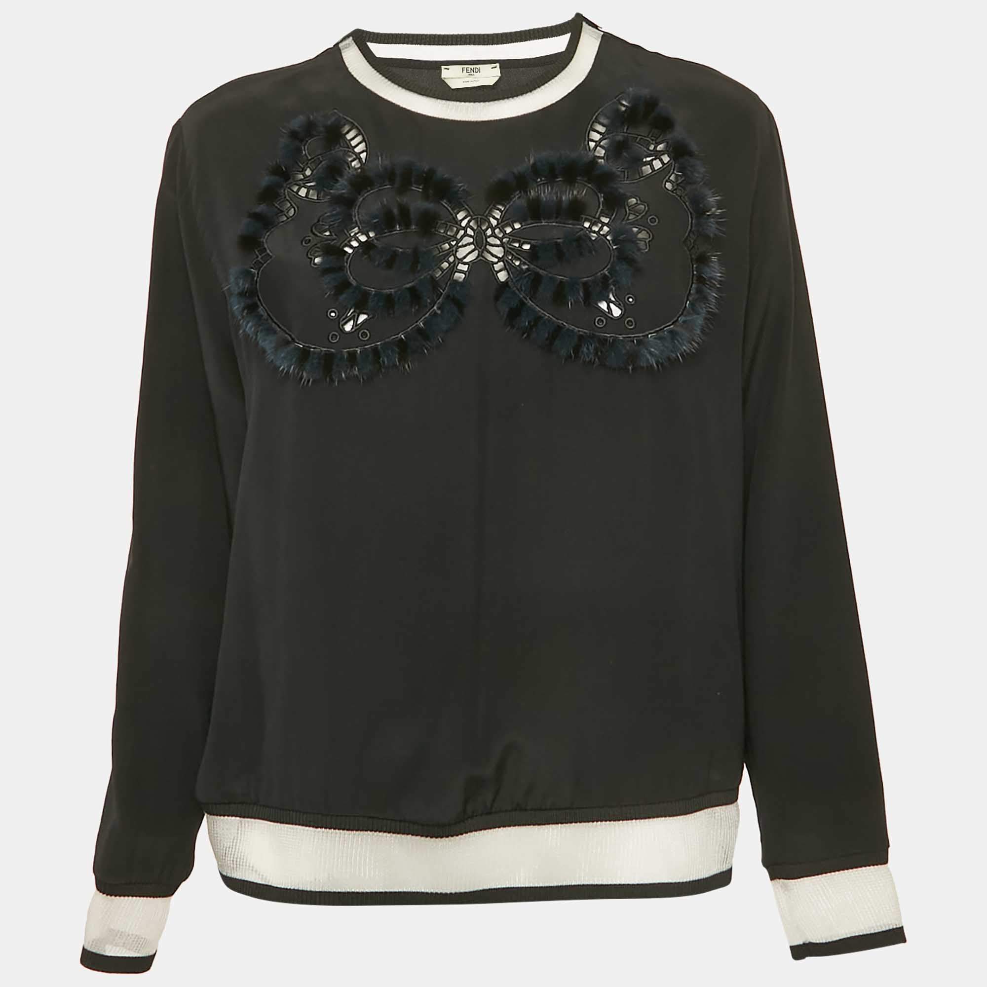 Fendi Black Silk & Fur Detail Long Sleeve Top M