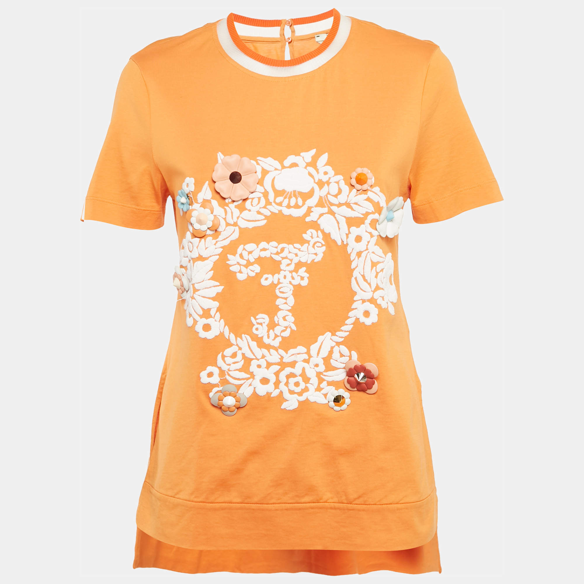 Pre Owned Fendi Orange Cotton Flowerland Embroidered T-Shirt S