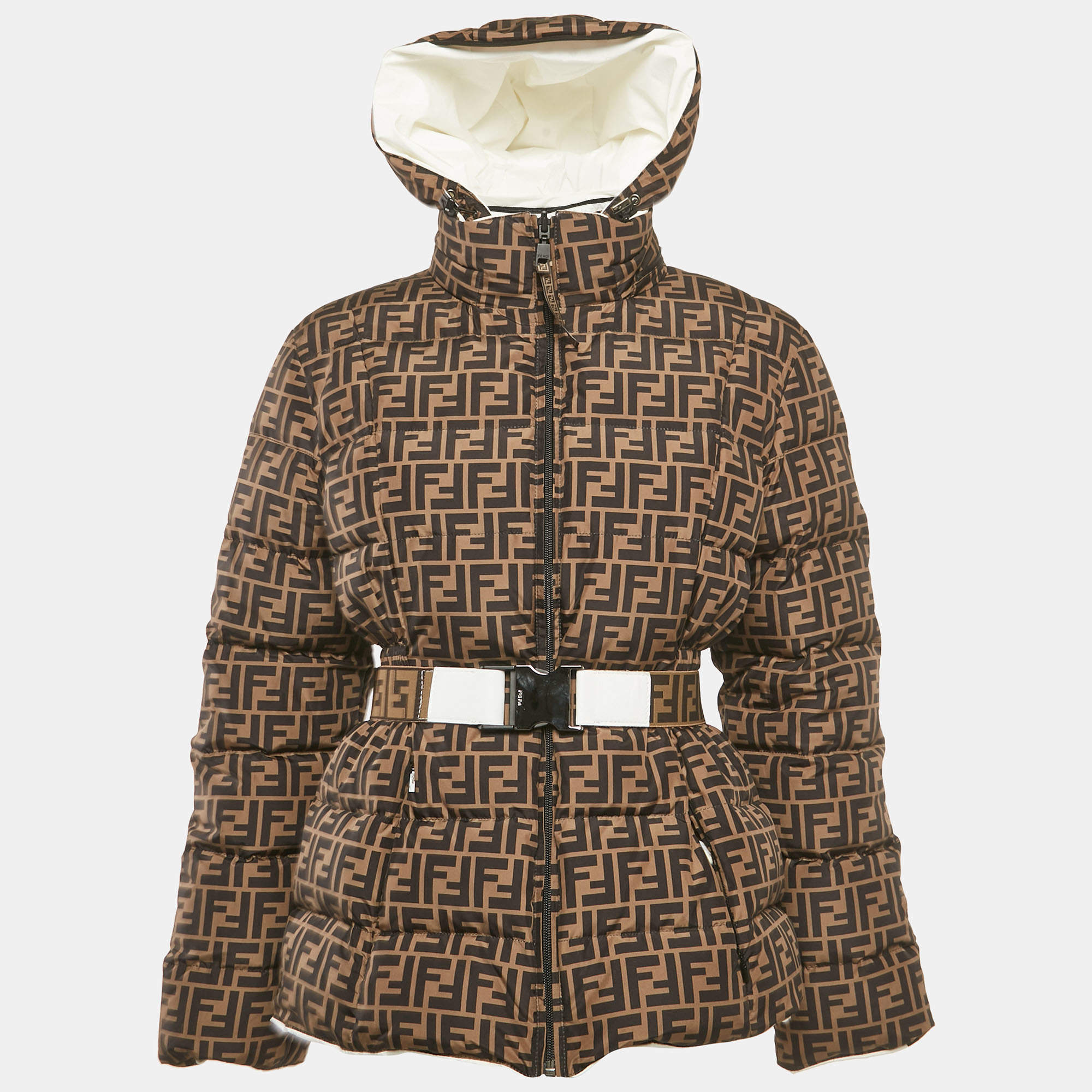 Fendi Brown FF Nylon Belted Down Jacket S