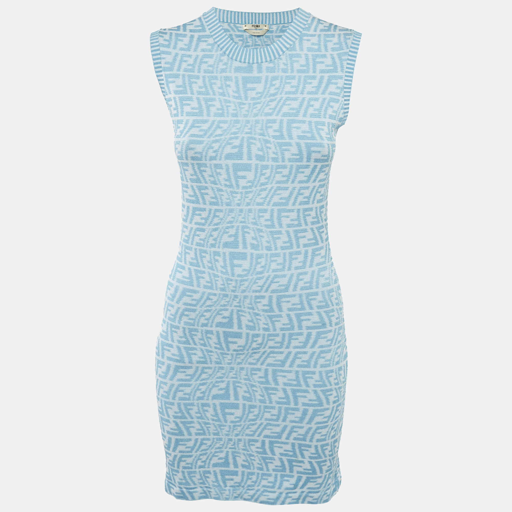 Fendi Blue FF Zucca Monogram Intarsia Knit Sleeveless Mini Dress S