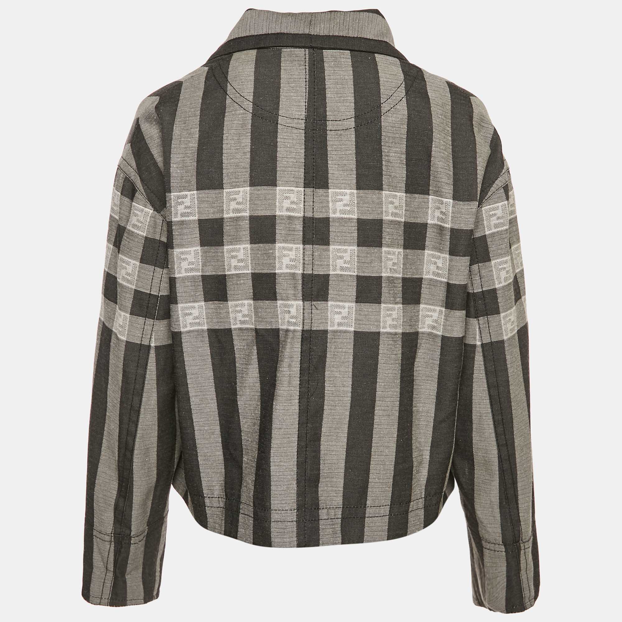 Pre Owned Fendi Grey Stripe FF Zucca Jacquard Cotton Blend Jacket S