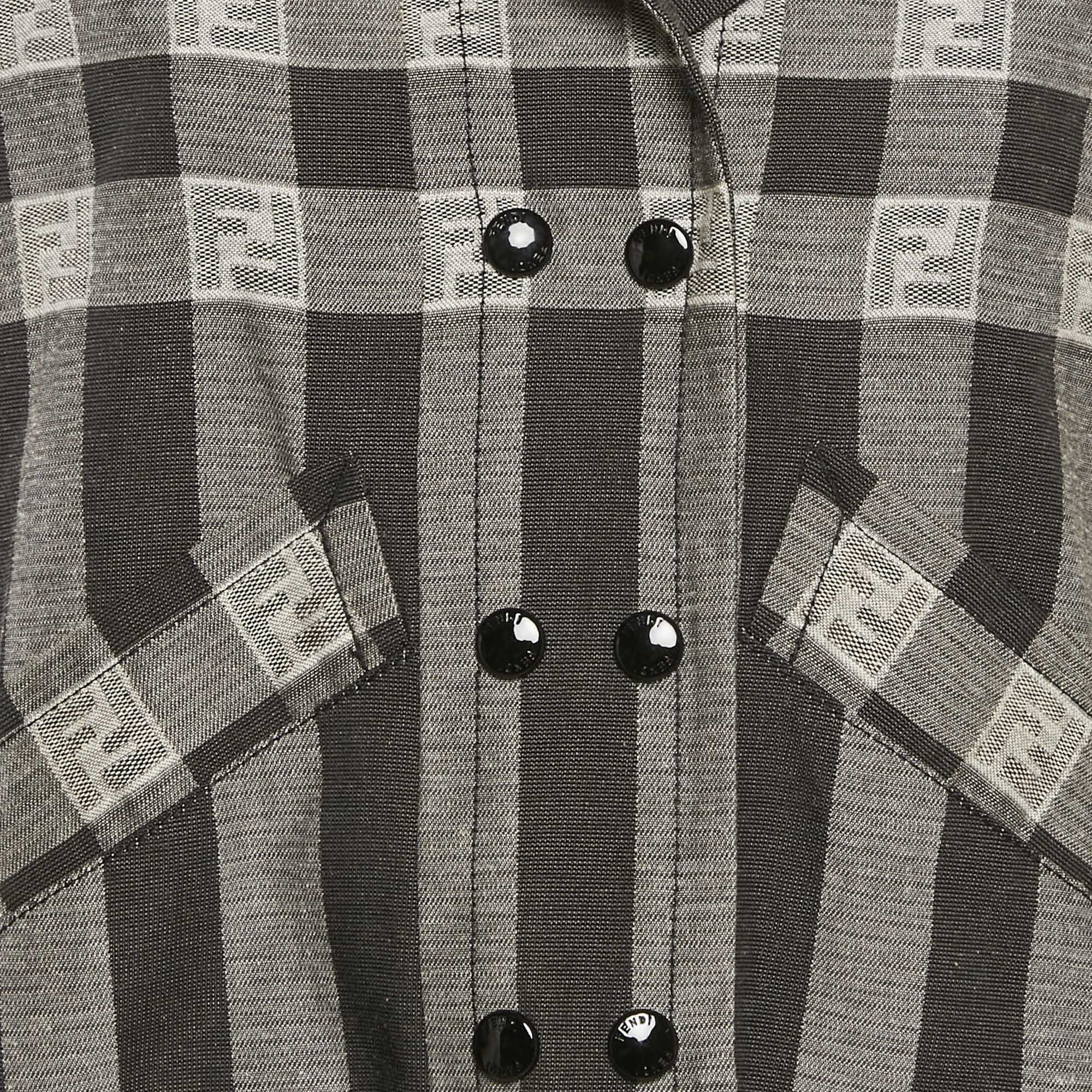 Pre Owned Fendi Grey Stripe FF Zucca Jacquard Cotton Blend Jacket S