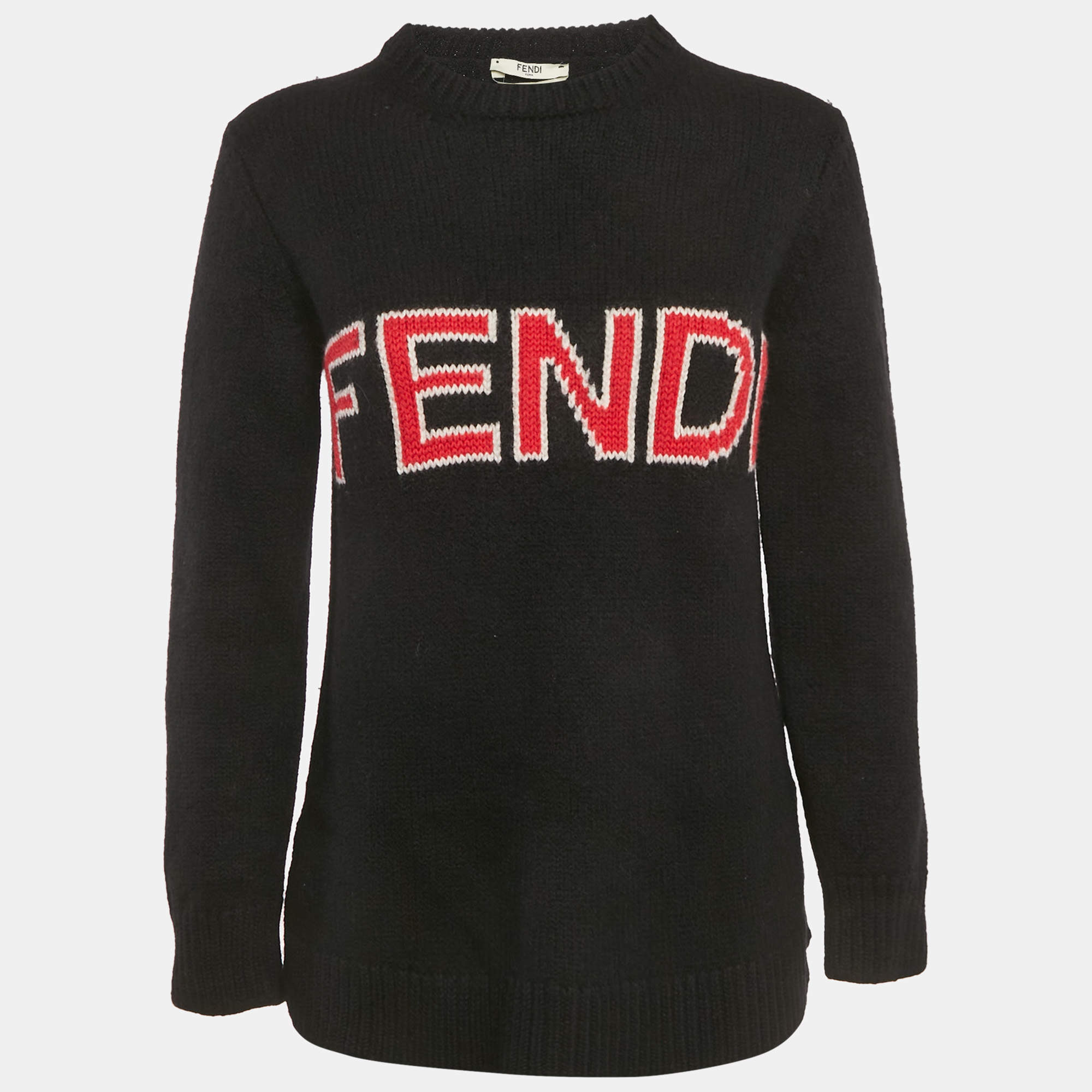 Pre Owned Fendi Black Logo Intarsia Wool Knit Crewneck Sweater M
