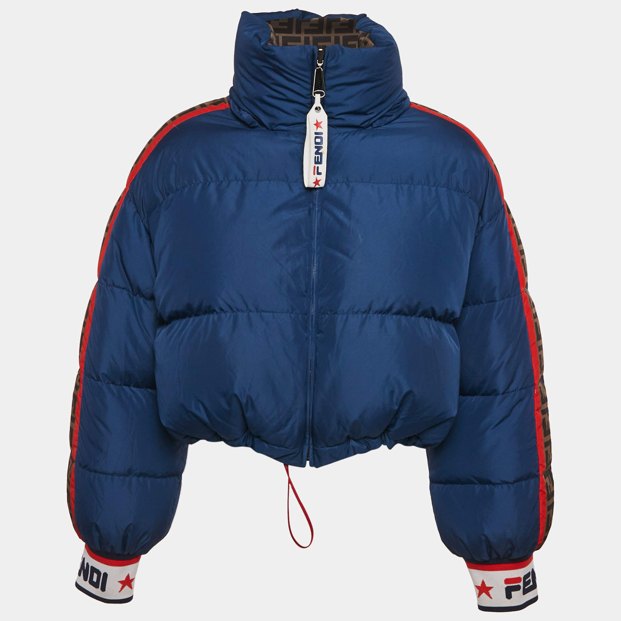 Pre Owned Fendi x Fila Blue Zucca Print Nylon Reversible Down Jacket S