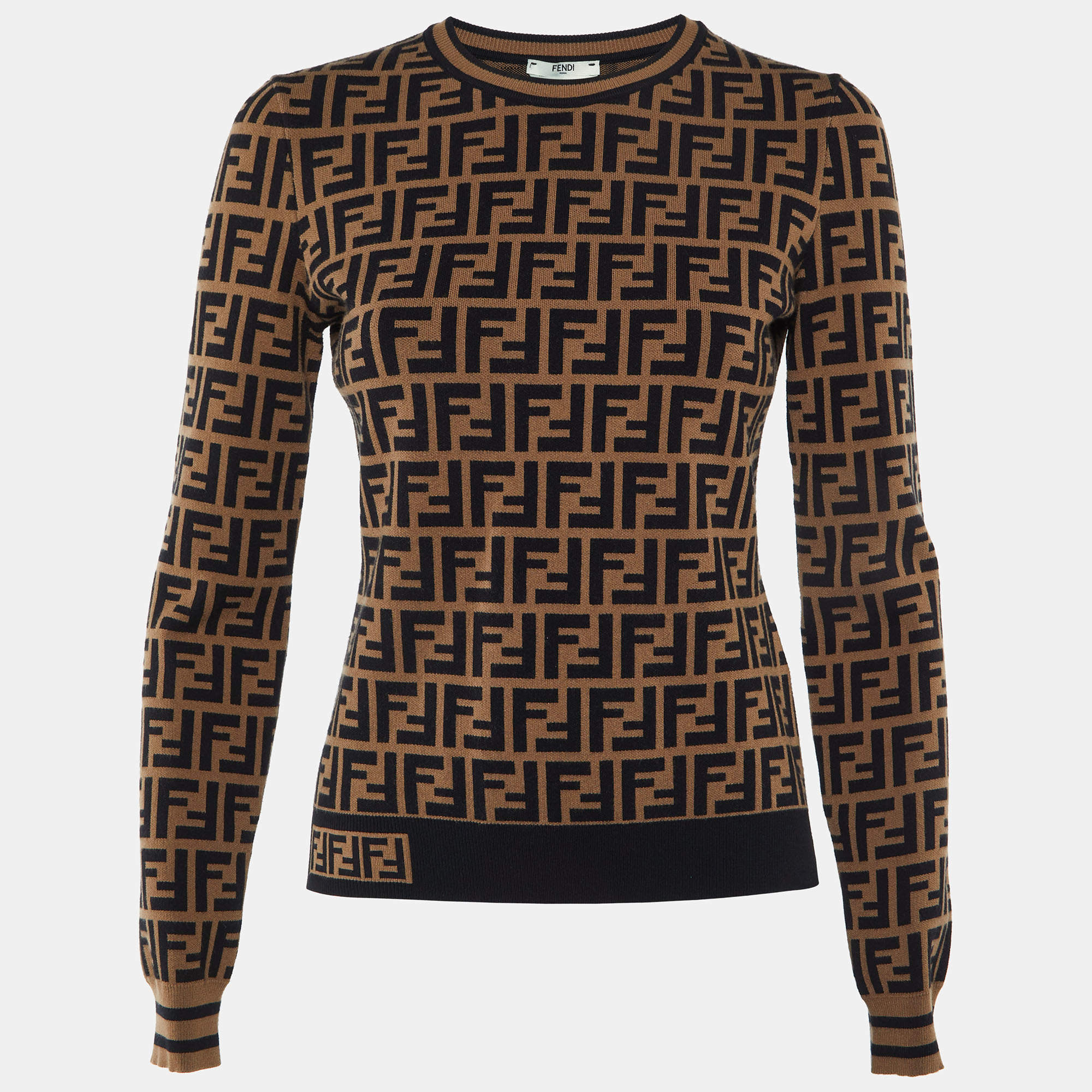 Pre Owned Fendi Brown Zucca Monogram Knit Crew Neck Jumper S