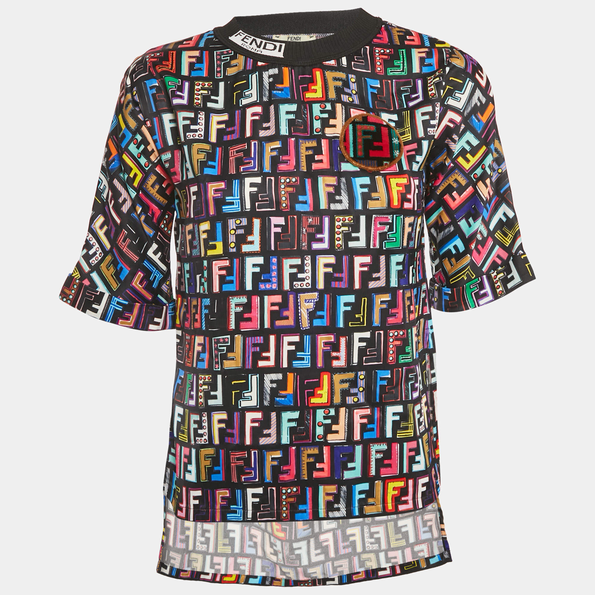 Pre Owned Fendi Black FF Print Satin T-Shirt S