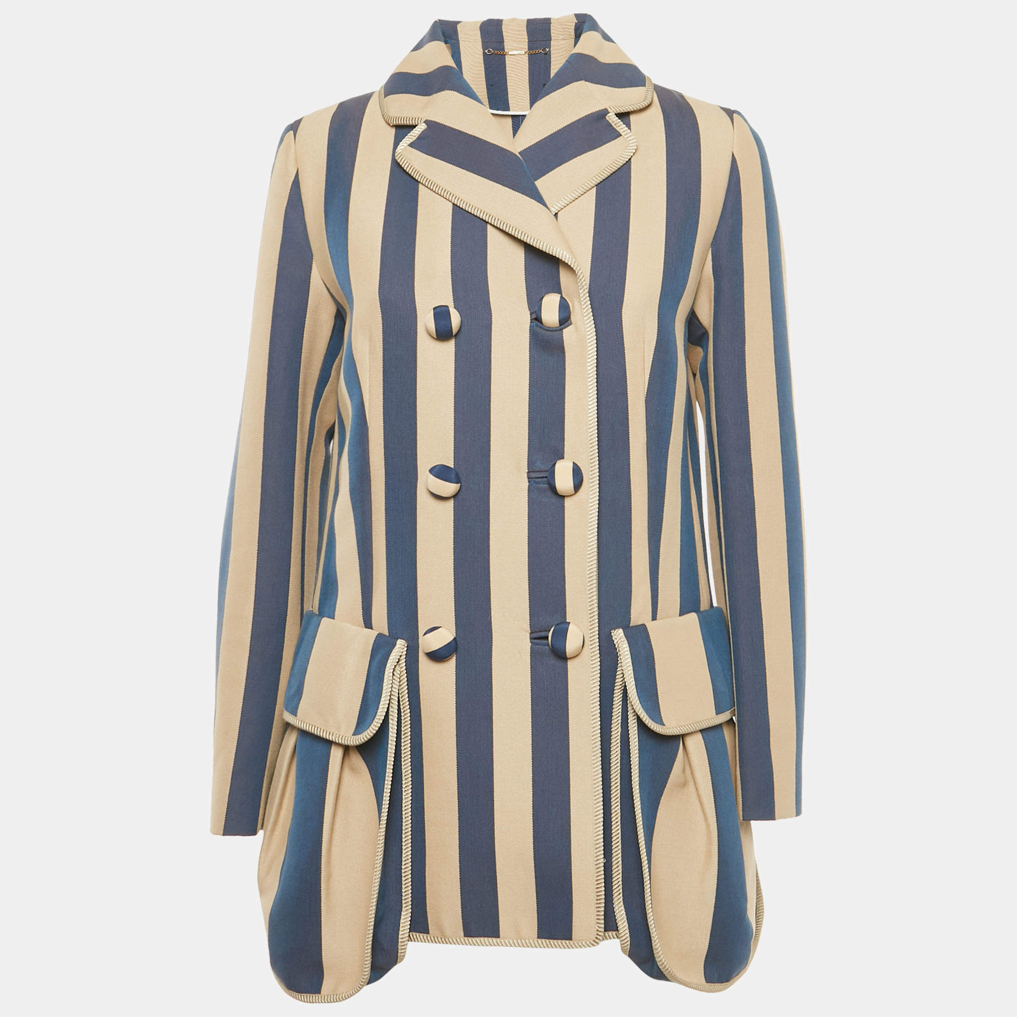 Pre Owned Fendi Beige Striped Cotton Double Breasted Blazer M