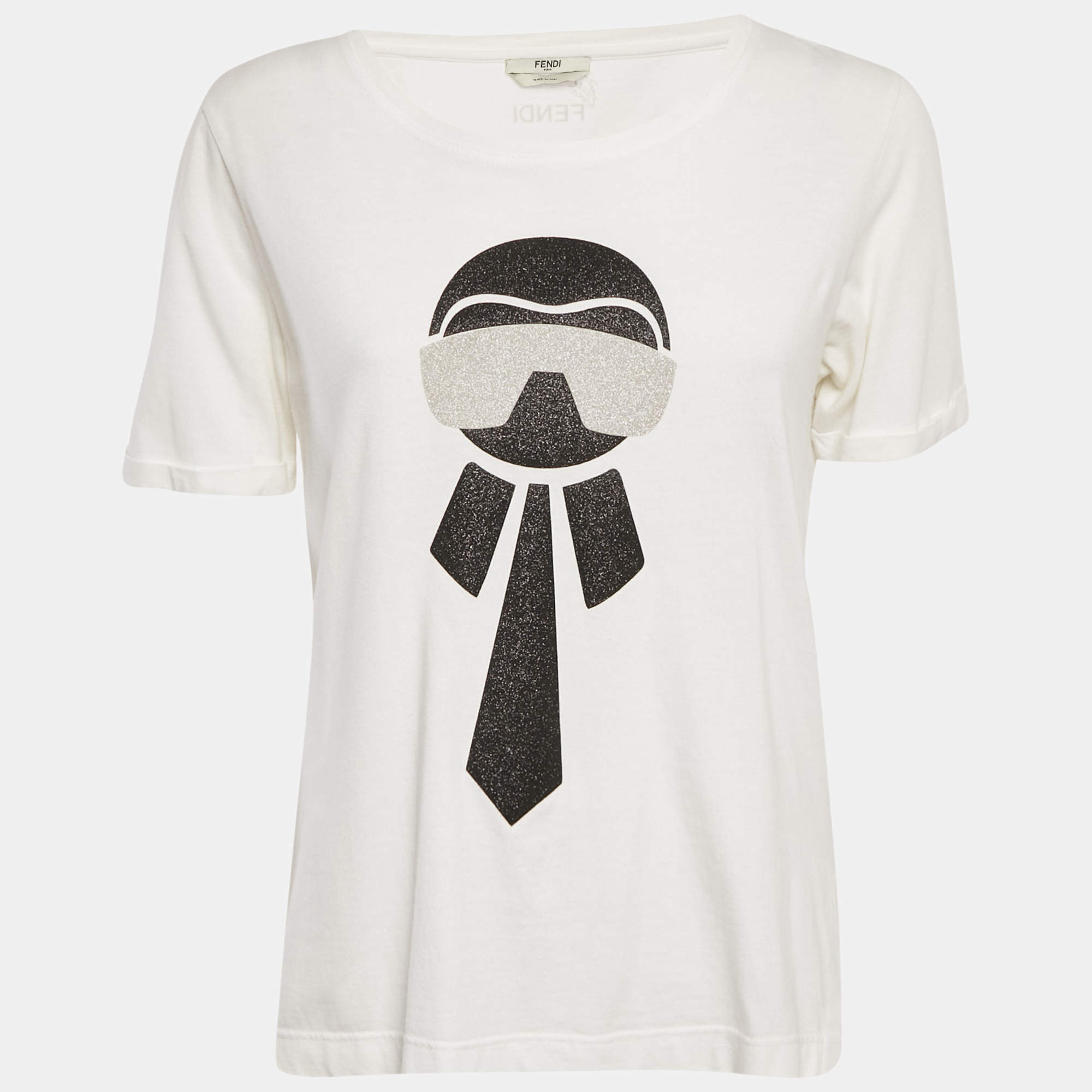 Pre Owned Fendi White Metallic Karlito Applique Cotton T-Shirt S