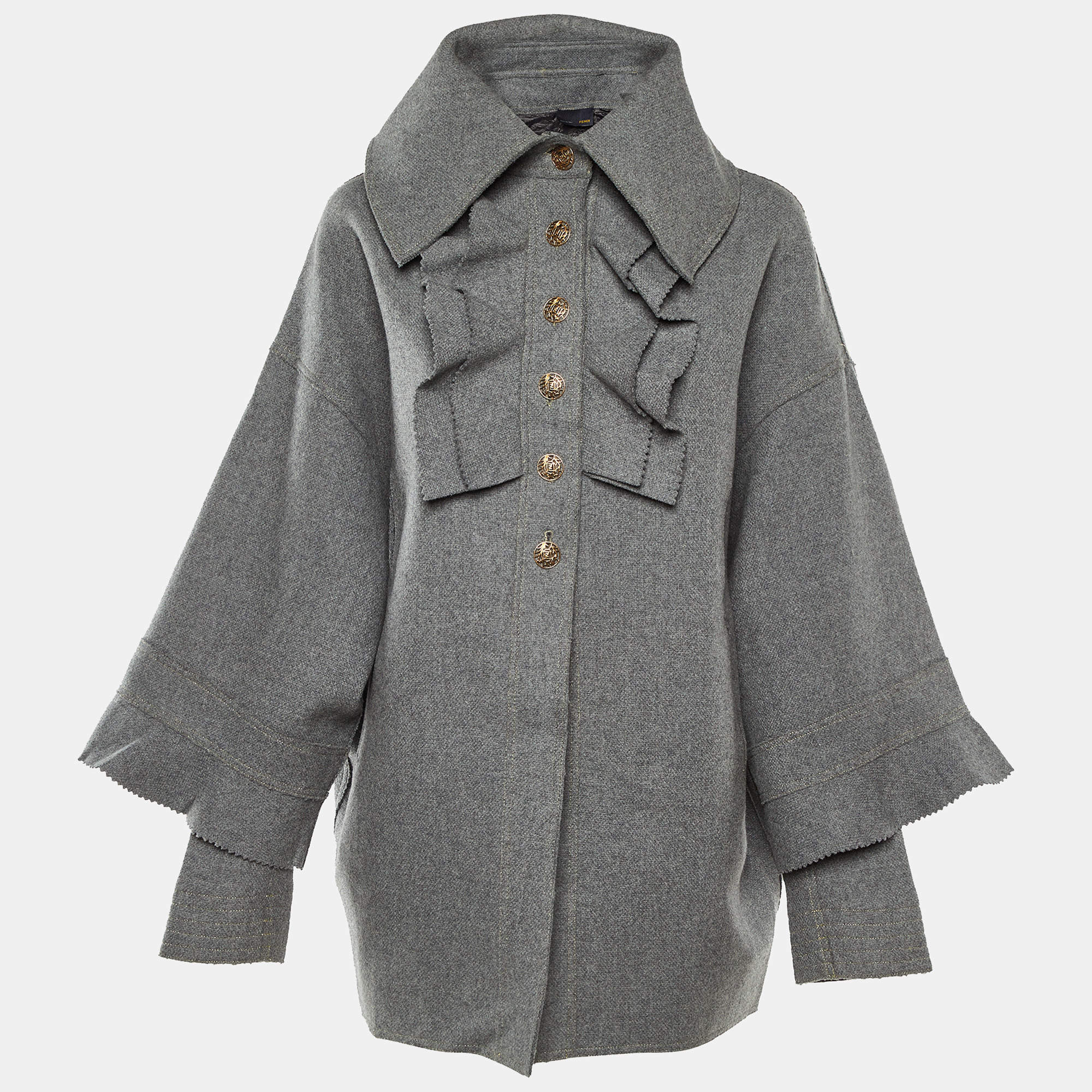 Pre Owned Fendi Grey Wool Ruffled Button Front Overcoat S