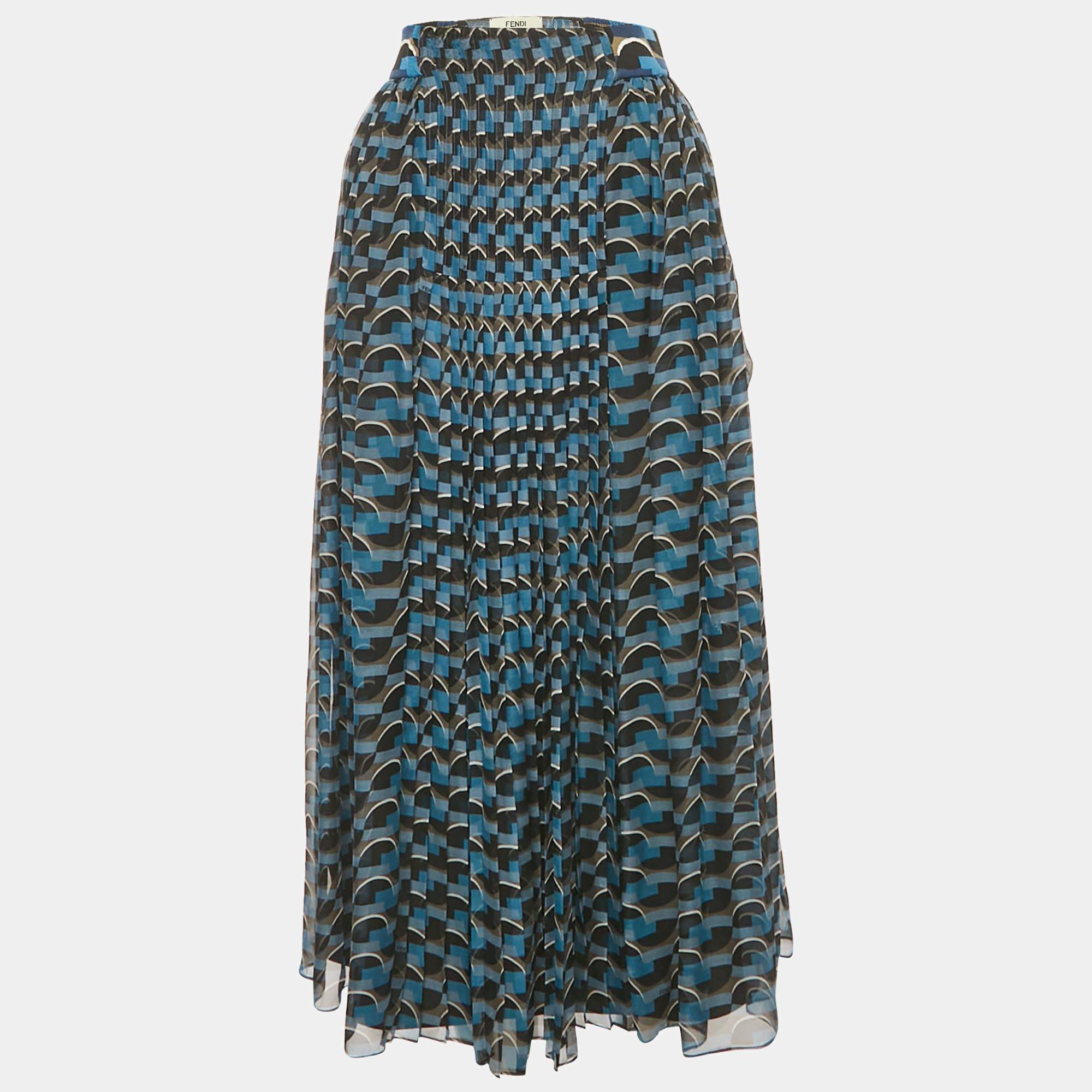 Pre Owned تنورة ميدي فاندي حرير مطوي مطبوع هندسي أزرق مقاس صغير