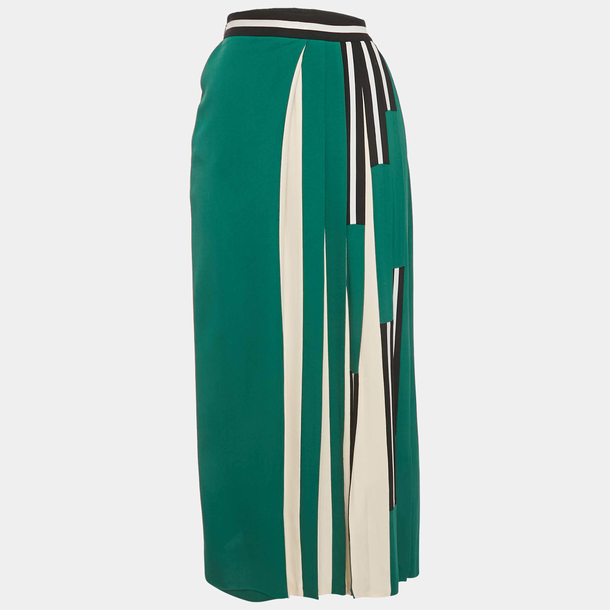 Pre Owned Fendi Green & White Crepe Pleated Midi Skirt S