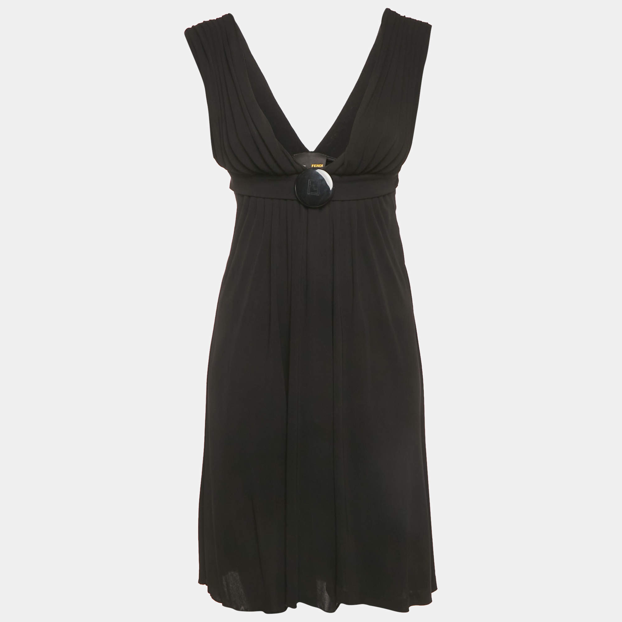 Pre Owned Fendi Black Jersey Logo Detail Belted Sleeveless Mini Dress S