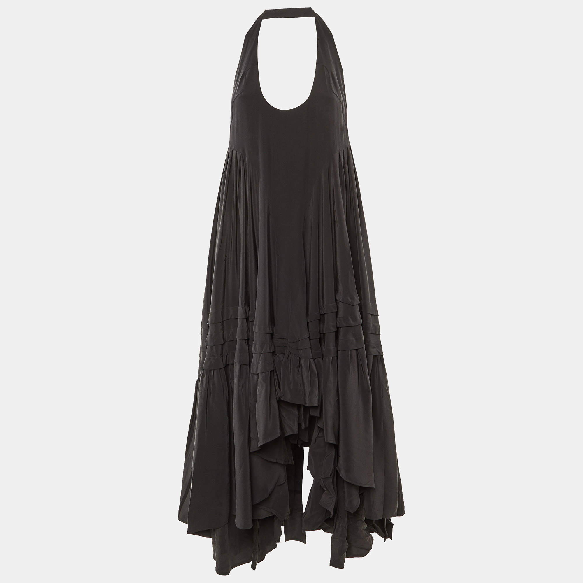 Pre Owned Balenciaga Black Silk Halter Neck Asymmetric Maxi Dress S