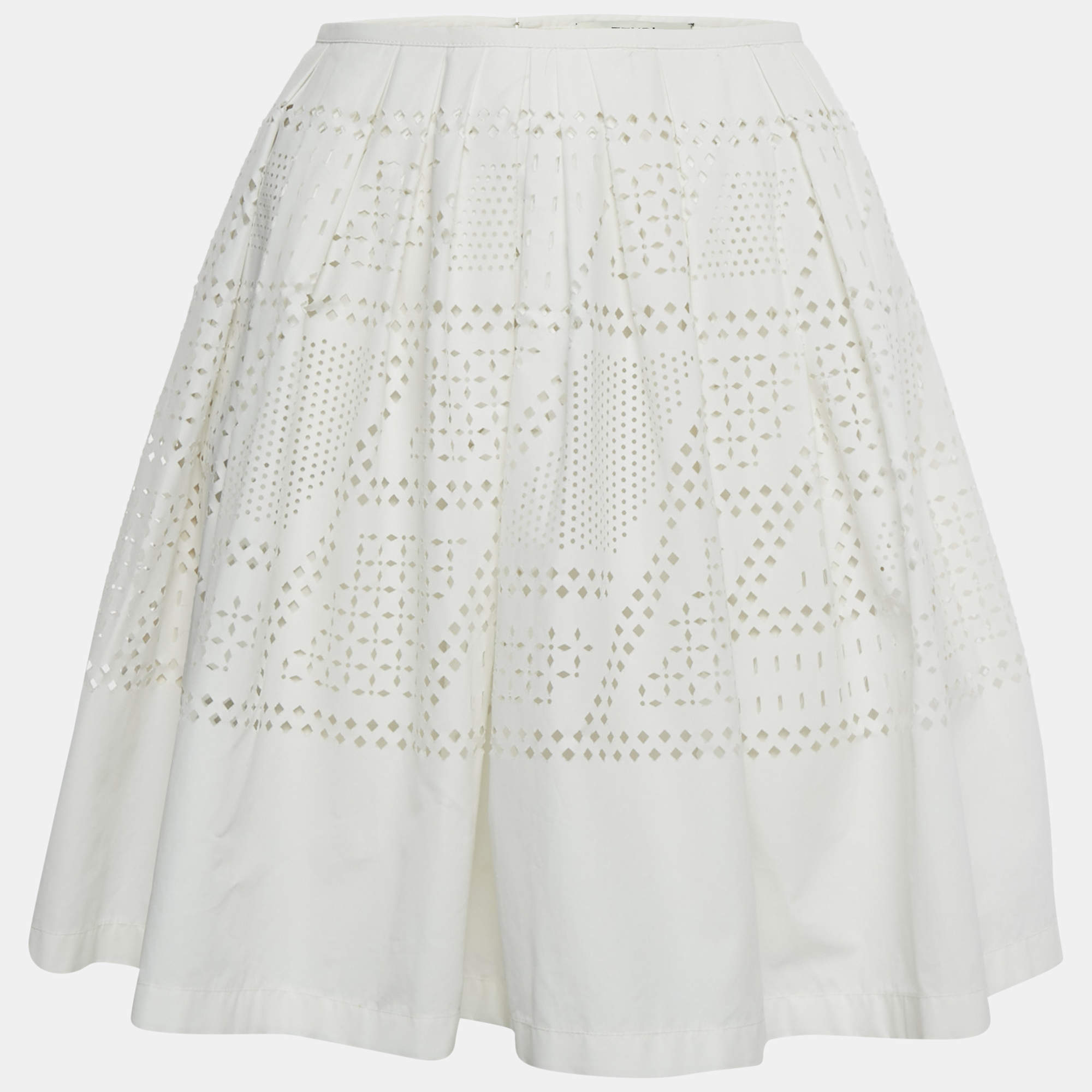 Pre Owned Fendi White Cut-Out Pleated Mini Skirt M