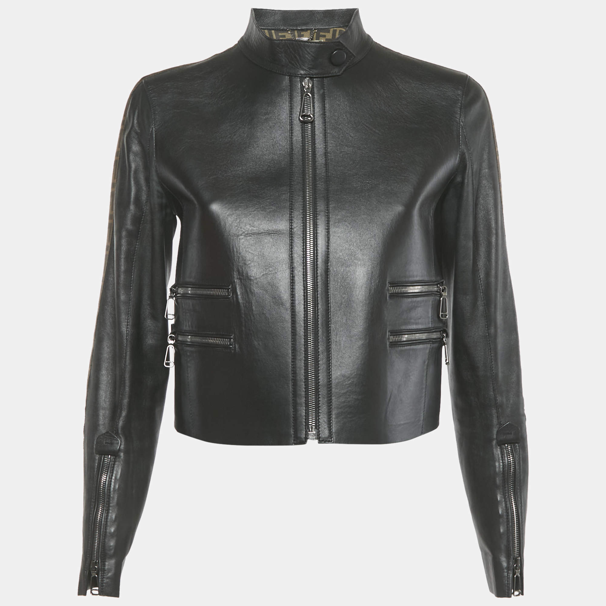 Pre Owned Fendi Black Logo Band Trim Leather Jacket S