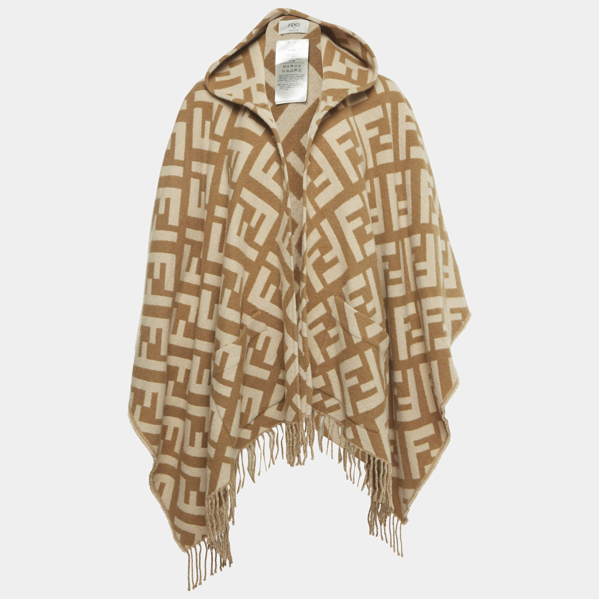 Pre Owned Fendi Beige FF Monogram Intarsia Cashmere Fringed Poncho One Size