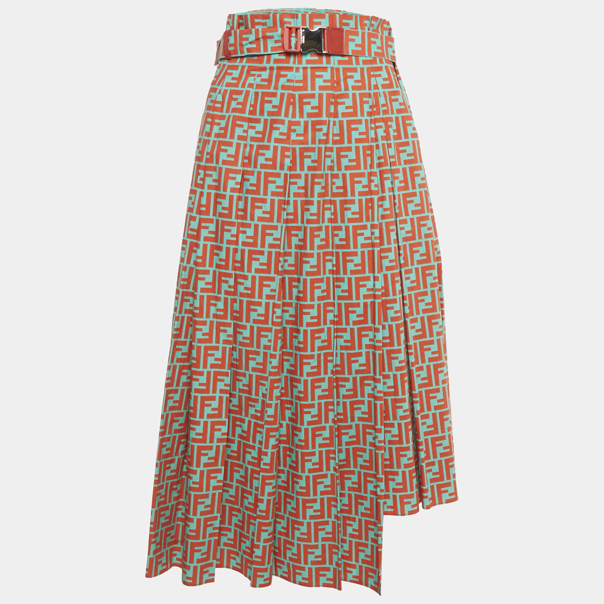 Pre Owned Fendi Orange/Blue FF Print Cotton Pleated Midi Skirt XS