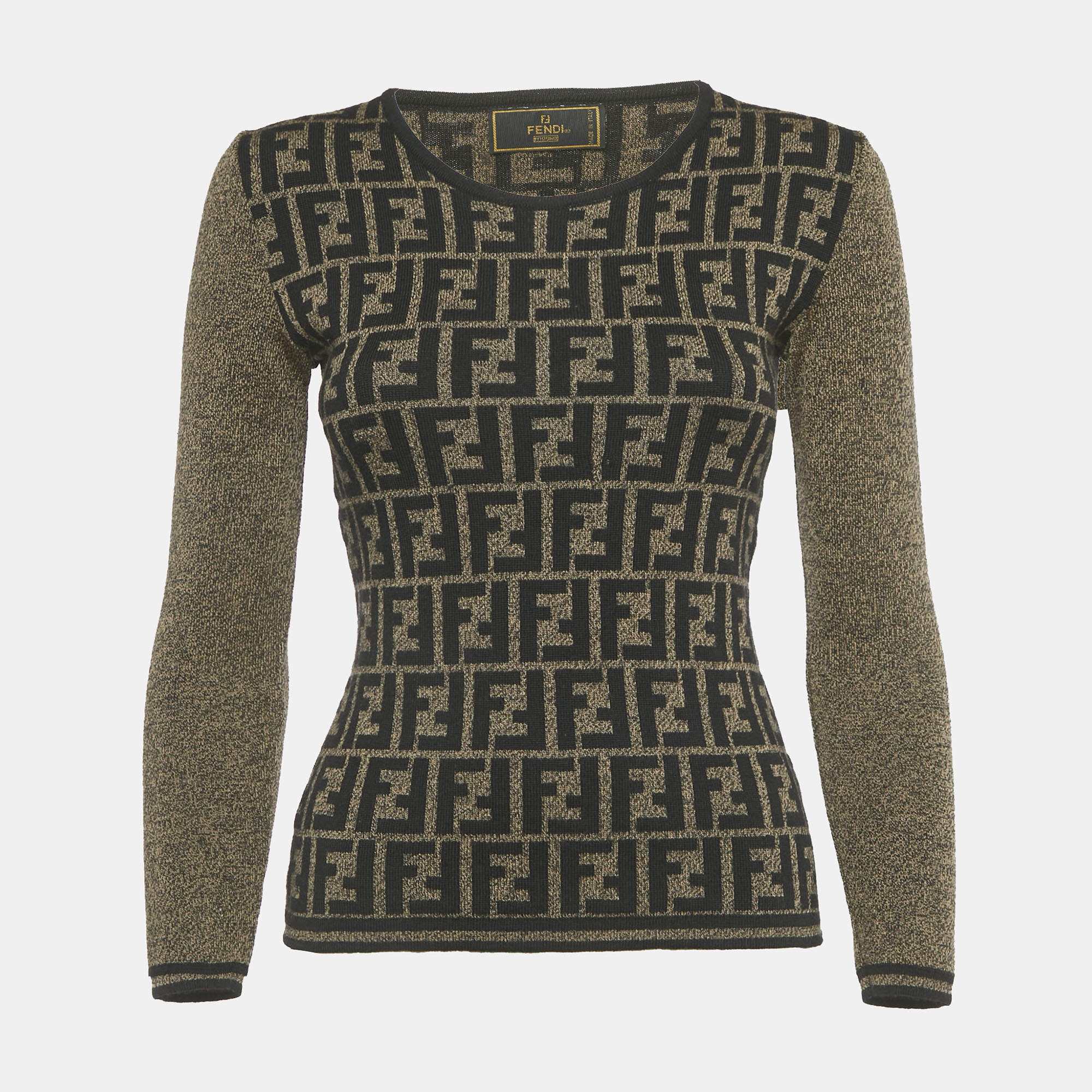 Pre Owned Fendi Vintage Brown Zucca Monogram Jacquard Wool Knit Long Sleeve Sweater S