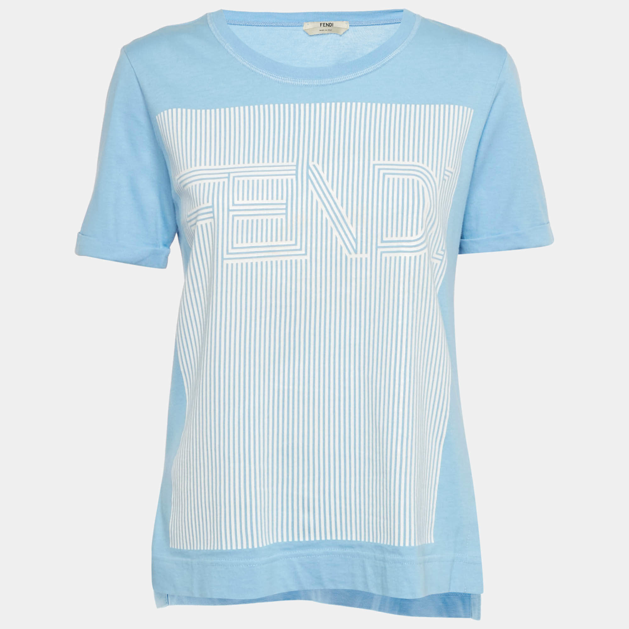 Pre Owned Fendi Blue Stripe Logo Print Cotton T-shirt S