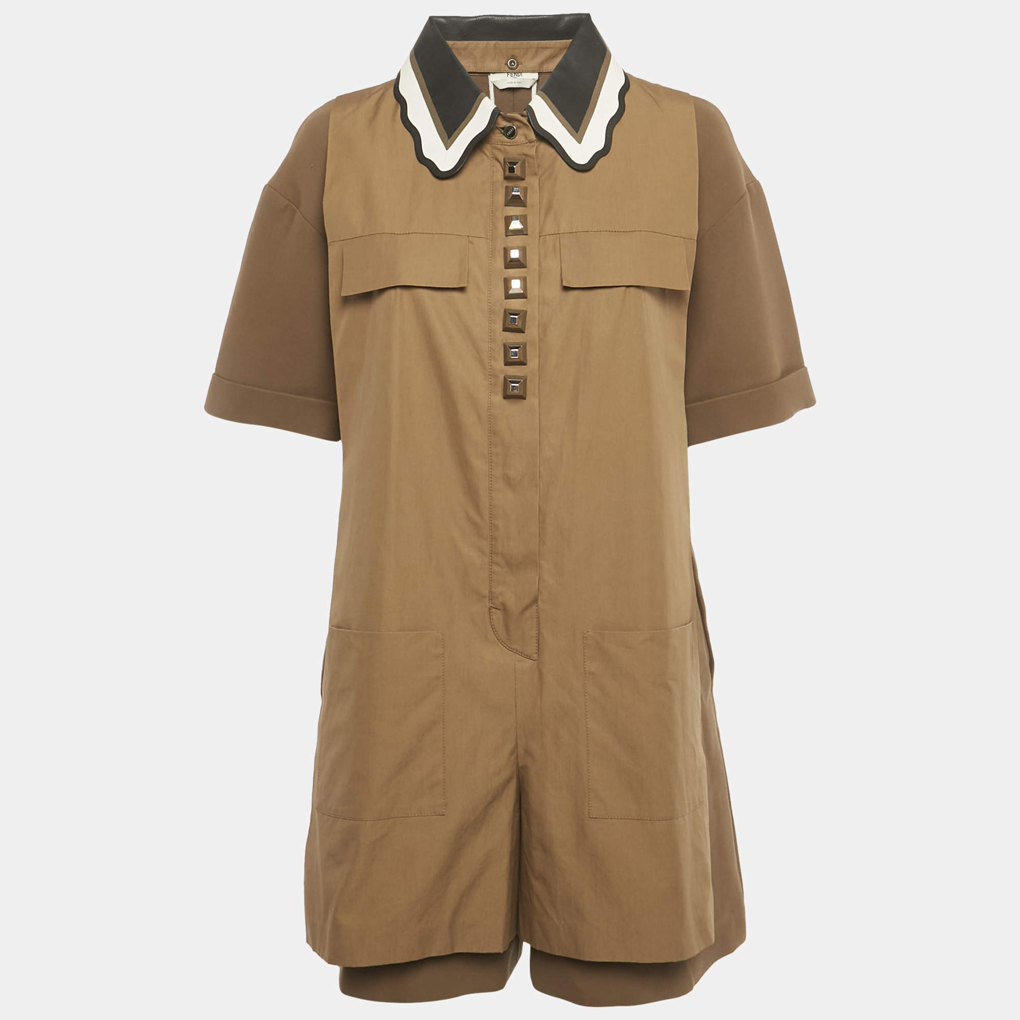 Pre Owned Fendi Khaki Green Cotton Layered Playsuit L