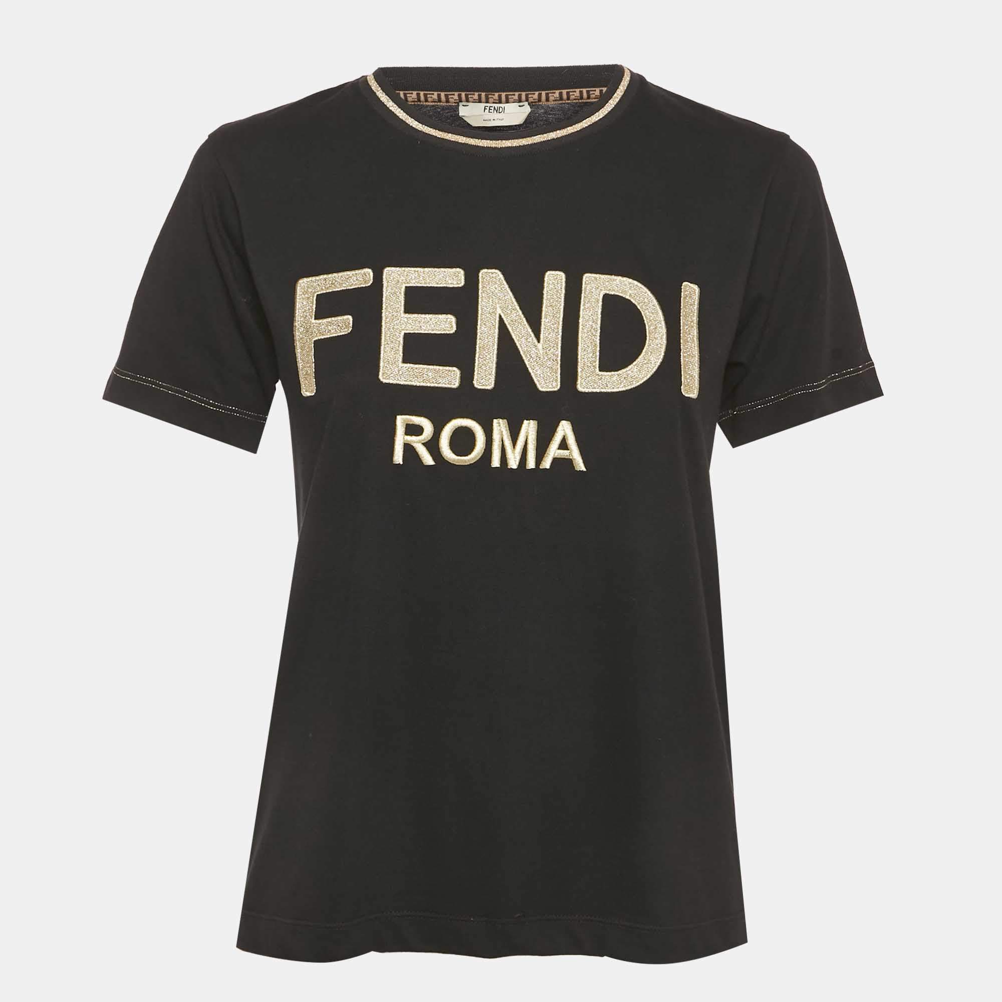 Pre Owned Fendi Black Logo Embroidered Cotton Crewneck T-Shirt XS